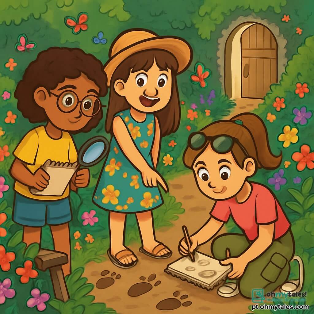 Há 3 personagens: - Luísa: uma menina de 11 anos, com cabelos cacheados e óculos redondos. Ela usa uma camiseta amarela e um short de jeans. Ela segura um caderno e uma lupa, observando atentamente o chão. - Sofia: uma menina de 11 anos, com cabelos lisos e franja. Ela está vestida com um vestido de flores e usa um chapéu de palha. Ela está em pé, apontando para uma impressão no chão com um grande sorriso. - Helena: uma menina de 11 anos, com cabelos presos em um rabo de cavalo e óculos de sol na cabeça. Ela usa uma camiseta rosa e uma calça cargo. Ela está agachada, desenhando impressões em seu caderno com um lápis. O local se passa em um jardim misterioso, cheio de flores coloridas e arbustos densos. Ao fundo, uma velha porta de madeira, ligeiramente aberta, deixa entrever uma luz dourada. Borboletas voam ao redor das flores, e um velho banco de madeira está coberto de musgo. A situação principal mostra as três amigas em plena investigação, examinando o chão em busca de pistas. Luísa usa sua lupa para inspecionar as impressões, enquanto Sofia descobre uma pista intrigante. Helena, concentrada, desenha os detalhes de sua descoberta, criando uma atmosfera de aventura e mistério.