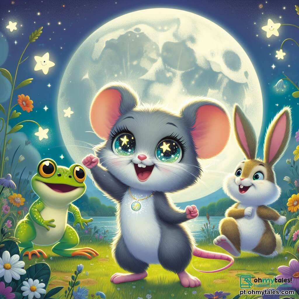 Uma pequena ratinha chamada Riti, com olhos brilhantes como estrelas e pelagem macia e cinza, está alegremente à beira de um campo iluminado pela lua, levantando as patas em sinal de vitória. Ao seu lado, uma sapinha chamada Lili, com pele verde brilhante e manchas amarelas, salta de alegria, segurando um colar cintilante entre suas patas. Um coelho travesso chamado Tico, com grandes orelhas e pelagem branca, sorri ao fundo, desenhando um plano na terra com sua pata. O local é um campo vasto e aberto, salpicado de flores coloridas que dançam sob a brisa noturna, com uma grande lua brilhante iluminando a cena com uma luz suave e mágica. A situação principal mostra Riti e seus amigos celebrando a reencontrada do colar mágico de Lili, cercados por uma atmosfera alegre e festiva, repleta de risos e felicidade.