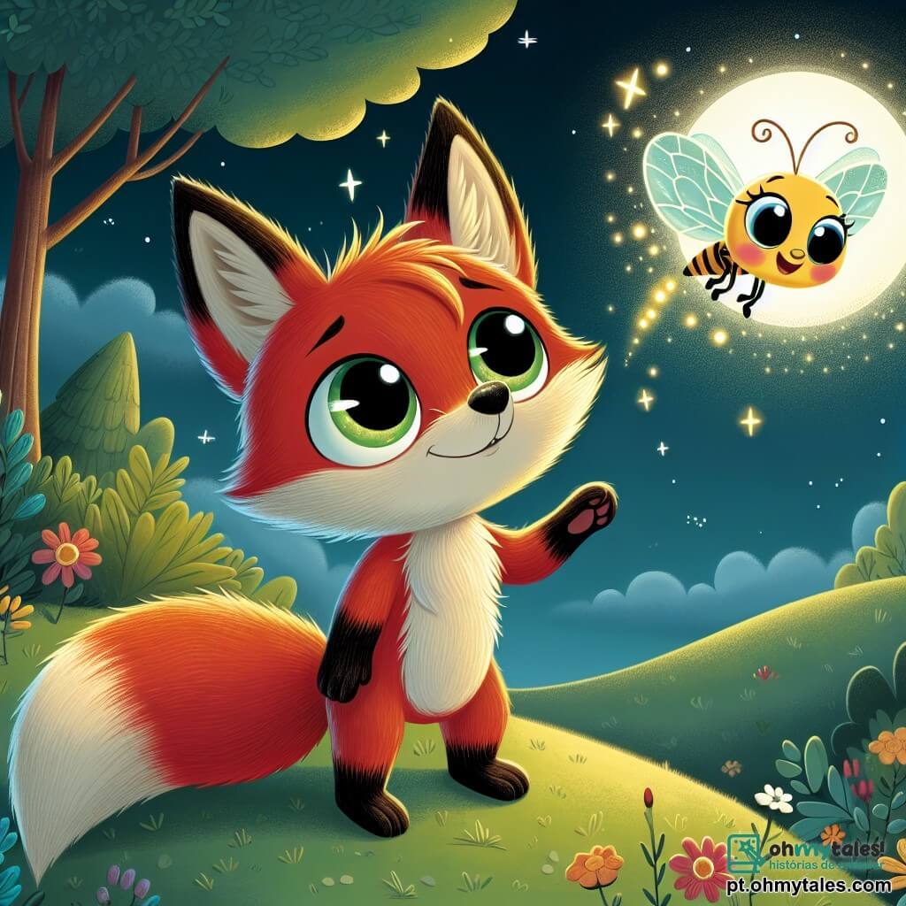 Em uma floresta encantada, um pequeno raposo chamado Rufus, com pelagem ruiva brilhante e grandes olhos curiosos, está em uma colina, olhando para o céu estrelado com um misto de admiração e apreensão. Ele tem as orelhas em pé e uma pata levantada, pronto para dar um passo à frente. Ao seu lado, uma pequena luz cintilante, Lúcia, uma adorável vaga-lume, brilha intensamente, suas asas translúcidas iluminando seu rosto sorridente e encorajador. Ela voa ao redor de Rufus, incentivando-o a superar seu medo, com uma expressão alegre e amigável. O cenário é uma colina verdejante, salpicada de flores coloridas, sob um céu noturno repleto de estrelas cintilantes e uma lua luminosa, criando uma atmosfera mágica e tranquila. A situação principal mostra Rufus, hesitante mas determinado, pronto para enfrentar seu medo do escuro, enquanto Lúcia o encoraja com sua luz calorosa, simbolizando a amizade e a coragem na escuridão.