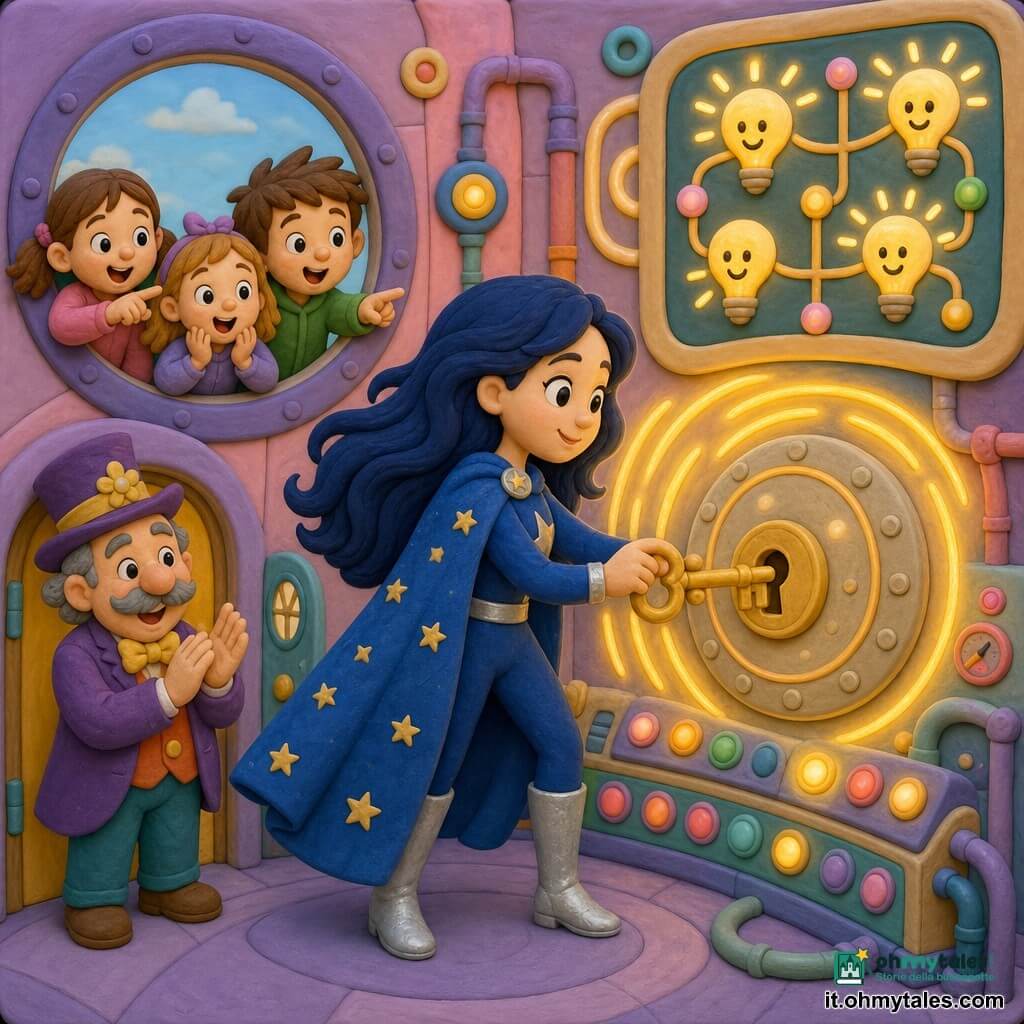 Una supereroina dal viso dolce e sorridente, espressione felice e determinata, con lunghi capelli blu notte, mantello brillante color stellato, stivali argentati e mani delicate che inseriscono una chiave d'oro in una grande serratura rotonda su un pannello luminoso; un sindaco maturo con cappello buffo e abito colorato applaude vicino alla porta della sala del sistema, tre bambini meravigliati (due bambine e un bambino) guardano e indicano da una finestra. La sala del sistema è una stanza rotonda dai muri pastello piena di pulsanti colorati, luci che lampeggiano come perle e un grande quadro con lampadine sorridenti; la supereroina ripara la grande macchina delle luci e le luci si riaccendono in piccole onde dorate, atmosfera calda e rassicurante. Stile: bassorilievo in pasta modellabile, colori vivaci, texture morbide, forme arrotondate e tratti semplici adatti ai 4 anni.