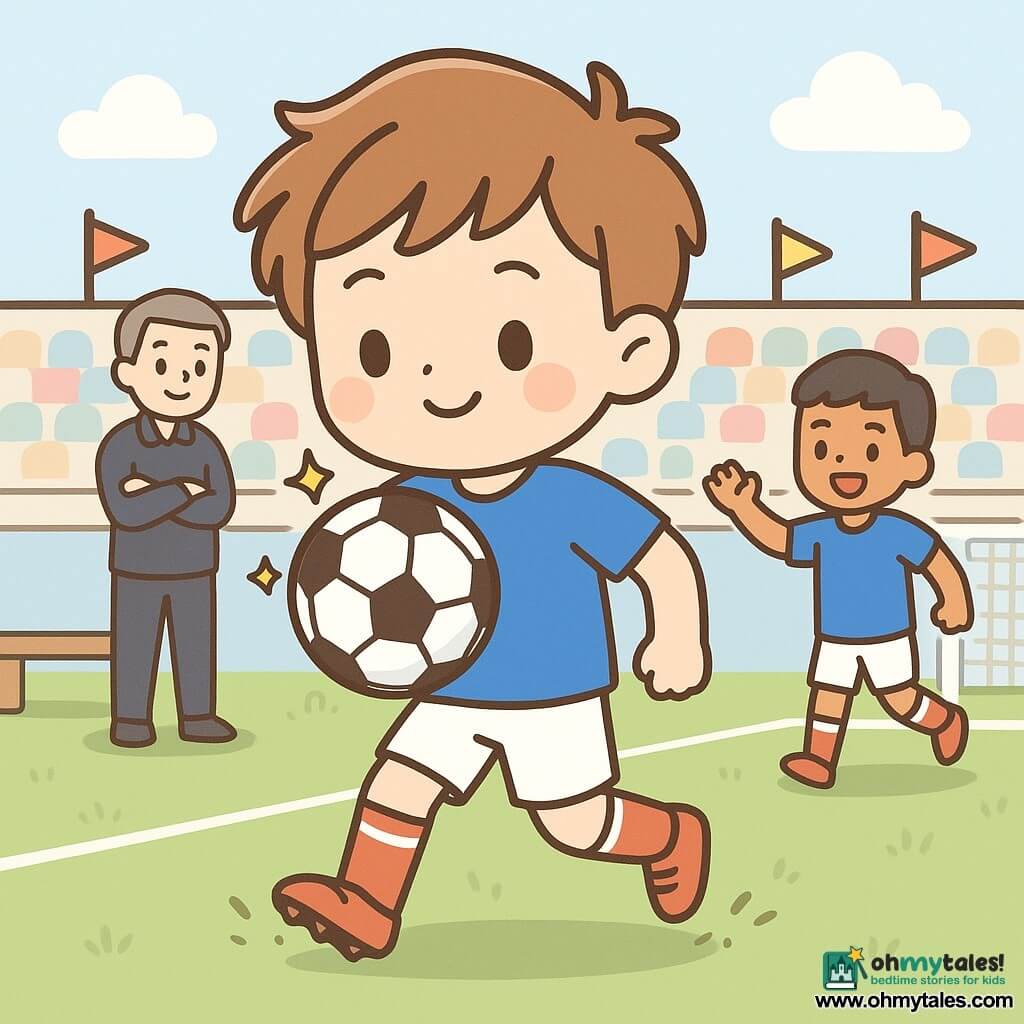A young man (16–18), round smiling face, messy light brown hair, focused and joyful, gently controlling the ball against his chest with balance while wearing a bright blue jersey, white shorts, visible shin guards and red football boots, slight motion blur on his legs, a teammate (about 17, tan skin, short black hair) smiling and running toward the goal to his right, a coach (about 40, graying hair) standing left on the touchline near a simple bench with arms crossed and a proud look, pastel-colored stadium seats with a few stylized spectators and flags, soft morning light, vivid green grass with white markings, the precise moment of chest control highlighted by small graphic stars and grass dust under his studs, dynamic encouraging atmosphere, clear composition centered on the control, thick clean outlines, flat saturated colors and simplified expressive faces with a warm optimistic vibe.