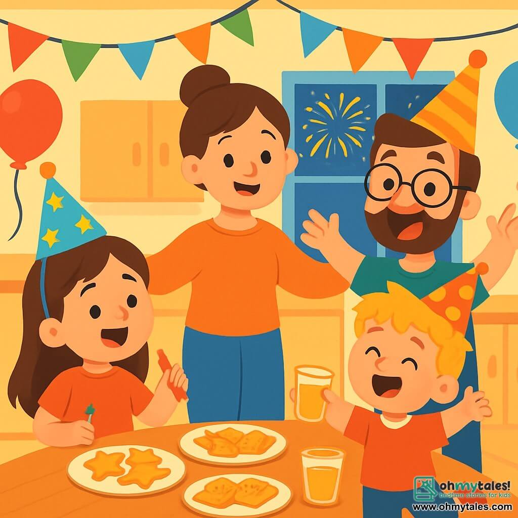 There are 4 characters: Mia, an 8-year-old girl with long brown hair and sparkling eyes, wearing a colorful party hat with stars and holding a pencil, standing on the left, smiling and full of energy; Milo, a 5-year-old boy with messy blonde hair and a big smile, wearing a polka-dot party hat and holding a cup of apple juice, bouncing joyfully to the right of Mia; Mom, a woman in her thirties with brown hair in a bun, wearing a soft sweater and a warm smile, standing behind the children with open arms, ready to hug them; Dad, a man in his thirties with a light beard and glasses, wearing a funny t-shirt and a party hat, next to Mom, laughing and raising his arms in the air. The scene takes place in a cozy kitchen decorated with colorful garlands and floating balloons. A large table is filled with delicious snacks: star-shaped cookies, crispy crackers, and cups of apple juice. In the background, a window shows bright fireworks illuminating the night sky. The main situation shows the family gathered to celebrate New Year's, with radiant smiles and joyful laughter. Mia and Milo are singing together while their parents cheer them on with enthusiastic gestures. The atmosphere is festive, full of happiness and love.