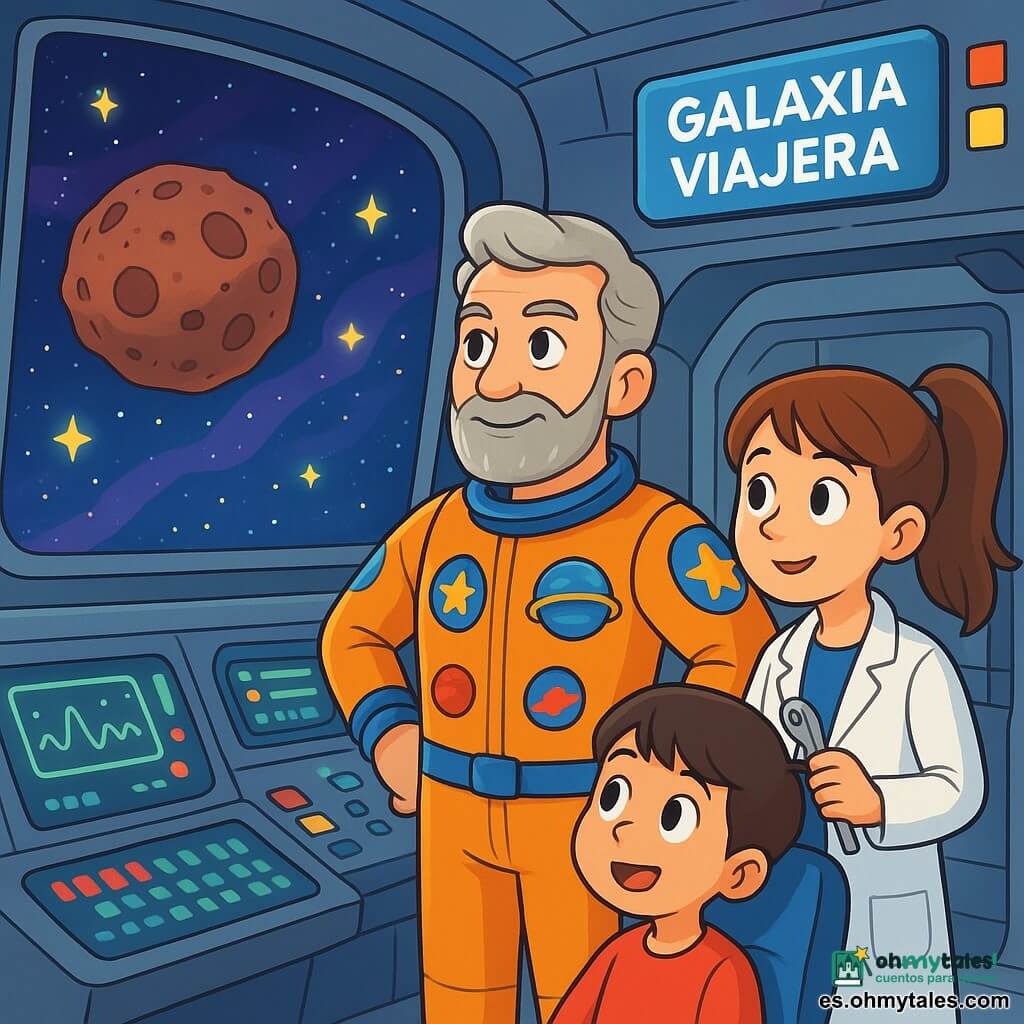 El personaje principal, el Comandante Esteban, es un hombre de unos cincuenta años, con cabello canoso y barba bien cuidada. Lleva un traje espacial brillante, adornado con parches coloridos que representan estrellas y planetas. Su rostro expresa determinación y calidez mientras observa el vasto cosmos a través de la ventana del puente de mando. A su lado está Ana, una niña de 12 años, con cabello castaño recogido en una coleta. Lleva una bata de ingeniero y sostiene una herramienta, mirando con curiosidad las pantallas de control. Pedro, un niño de 10 años, está sentado en un asiento, con los ojos muy abiertos, maravillado por las luces parpadeantes del panel de control. La escena tiene lugar en el puente de la "Galaxia Viajera", una hermosa nave espacial. Las paredes son de metal liso, y grandes ventanas ofrecen una vista espectacular de un asteroide gigante, rodeado de estrellas brillantes y nebulosas coloridas. Luces parpadeantes y pantallas muestran datos sobre el viaje. La situación principal muestra a Esteban y su equipo preparando la nave para un viaje hacia el gran astillero espacial de la galaxia, intercambiando sonrisas y ánimos, listos para vivir una nueva aventura juntos en la inmensidad del espacio.