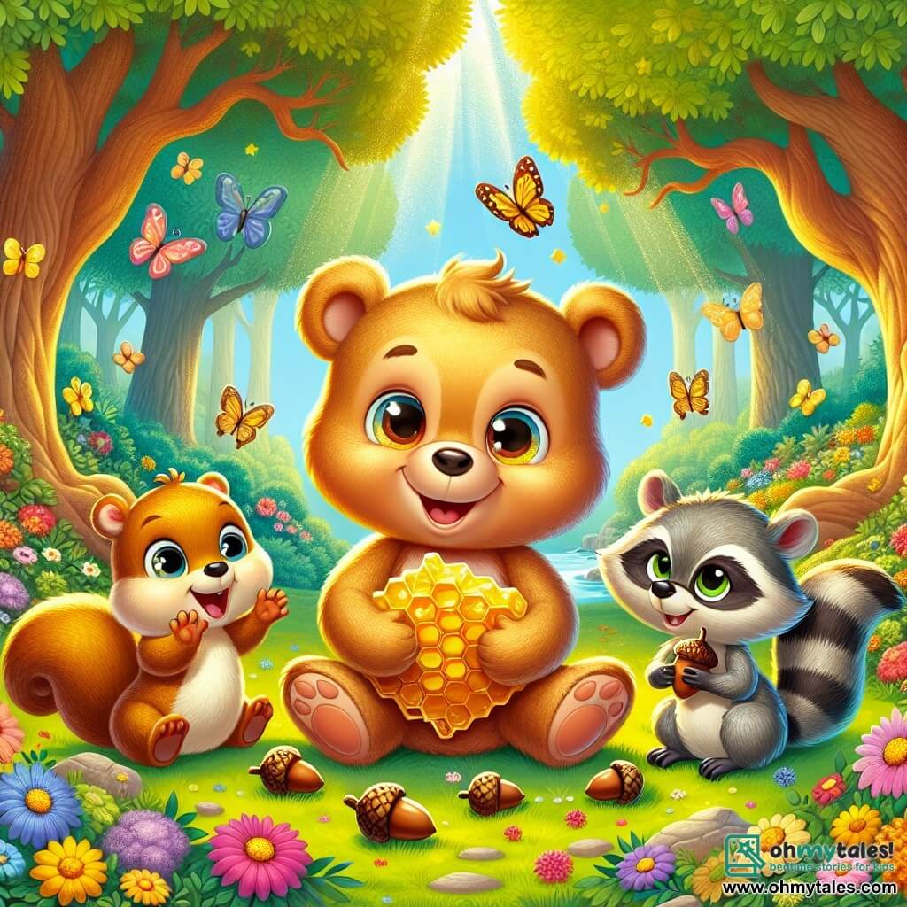 In the center of the image, a small teddy bear named Benny, with golden fur and curious bright eyes, joyfully smiles while holding a large piece of honey in his paws. He sits on a colorful flower carpet, surrounded by dancing butterflies. To his left, a small squirrel named Sammy, with brown fur and a fluffy tail, looks at Benny with sparkling eyes of excitement, holding a large acorn in his tiny paws. He appears happy and ready to share his treasure. On the right, a raccoon named Rascal, with gray fur and mischievous eyes, smiles while holding the shiny acorn he just returned to Sammy. He looks amused and satisfied to be part of this adventure. The setting is a sunny clearing in the enchanted forest of Whimsy Woods, filled with vibrant flowers, majestic trees with green leaves, and a gently flowing sparkling stream in the background. The main scene shows Benny, Sammy, and Rascal celebrating their friendship after finding the lost acorn, surrounded by the beauty of nature, ready to share a delightful picnic under the big oak tree.