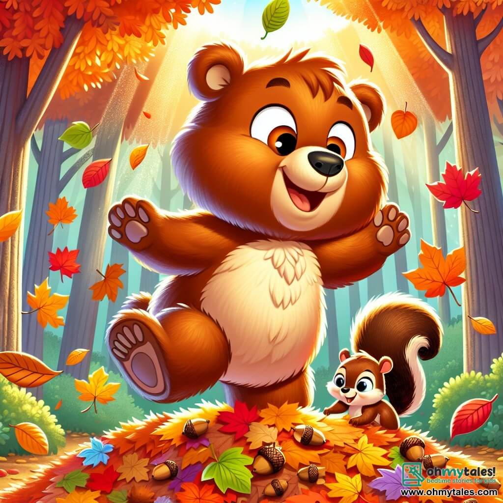 A young brown bear named Benny, with soft fur and sparkling curious eyes, stands in the midst of a vibrant autumn leaf carpet in shades of orange, red, and yellow. He joyfully smiles, his front paws raised as if ready to jump into the leaves. Nearby, a small squirrel named Sally, with a bushy tail and mischievous eyes, is gathering acorns. She looks excited, hopping from leaf to leaf, and smiles broadly at Benny. The setting is an enchanted forest, where majestic trees rise with branches adorned with colorful leaves gently falling. Sunlight shines through the foliage, creating golden light spots on the ground. The scene captures Benny and Sally enjoying a beautiful autumn day, surrounded by swirling leaves, while Benny prepares to dive into a pile of crunchy leaves with joy in his eyes.