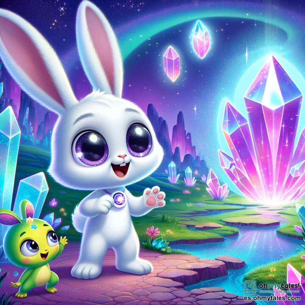 Un pequeño conejo blanco llamado Luno, con un pelaje brillante y ojos llenos de curiosidad, se encuentra en el centro de la escena, deslumbrado por un cristal gigante que emite luz. Tiene una expresión de asombro, con las orejas levantadas, y extiende una pata hacia el cristal, listo para tocarlo. A su lado, una criatura extraterrestre verde llamada Zira, con grandes ojos expresivos y antenas brillantes, observa a Luno con una sonrisa alentadora, con los brazos abiertos como invitándolo a actuar. Un poco más lejos, Glim, un ser parecido a un pez con patas, nada en el aire, sus escamas brillantes reflejando los colores del cristal, mostrando una expresión de emoción. El escenario es un paisaje fantástico de Zorath, con árboles de cristal brillantes bajo un cielo violeta y ríos de líquido azul que serpentean por el suelo. La escena irradia una atmósfera mágica y vibrante, llena de luz y colores brillantes. Al fondo, una sombra oscura emerge del cristal, creando una tensión palpable en el aire, mientras Luno y sus amigos se preparan para defender la luz del cristal.