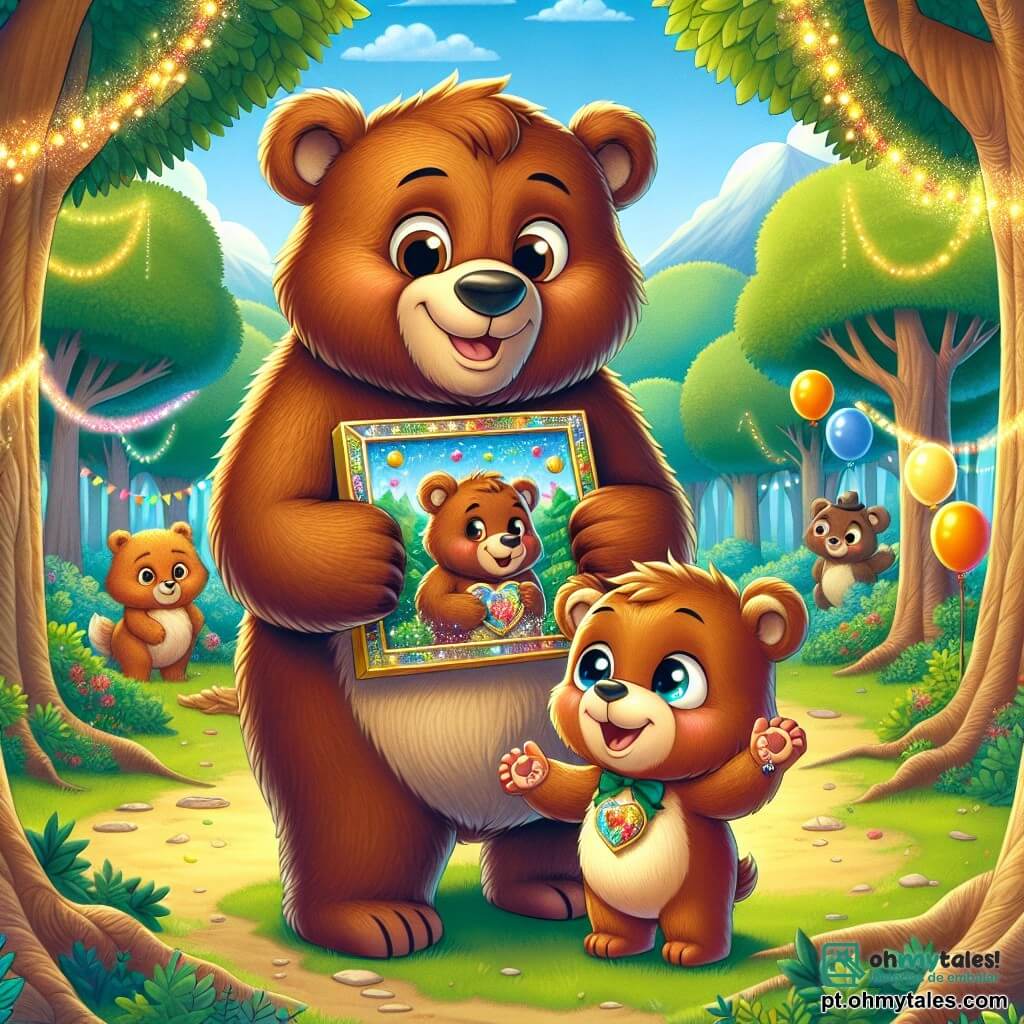 Um adorável urso-pardo chamado Bubu, com pelagem macia e olhos brilhantes de alegria, segura uma foto reluzente com suas patas, sorrindo com orgulho e excitação. Ao seu lado, seu pai, um grande urso de pelagem dourada, observa a foto com lágrimas de felicidade nos olhos, um largo sorriso no rosto, os braços abertos para um abraço caloroso. A cena acontece em uma floresta encantada, onde árvores majestosas com folhas verdes vibrantes cercam uma clareira decorada com balões coloridos e guirlandas cintilantes. No centro da clareira, Bubu apresenta orgulhosamente o presente que preparou para o dia dos pais, enquanto animais da floresta, como pássaros e esquilos, os observam com expressões alegres e admirativas.