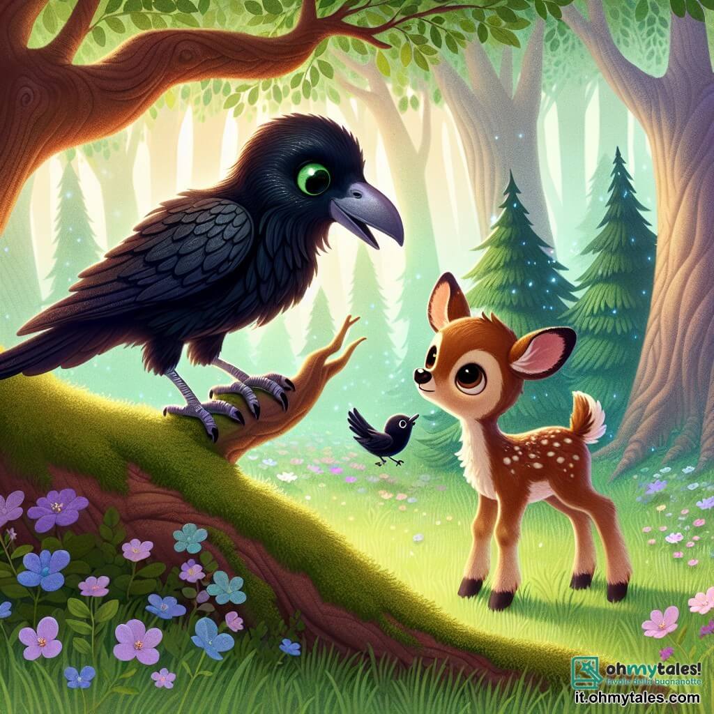 Un corvo di nome Corvino, con piume nere lucenti e occhi scintillanti, si trova su un ramo di albero, mostrando un'espressione di curiosità e meraviglia. Accanto a lui, un piccolo cervo dal pelo marrone chiaro, con grandi occhi marroni pieni di apprensione, guarda intorno a sé, un po' timido, mentre si trova sull'erba verde sotto l'albero. Il luogo è un magnifico boschetto incantato, dove gli alberi sono alti e maestosi, le loro foglie scintillano sotto i raggi del sole e fiori colorati cantano dolcemente nel vento. La scena principale mostra Corvino che incoraggia Cervo a superare la sua paura, pronto ad aiutarlo a scoprire il suo coraggio in questo mondo magico.