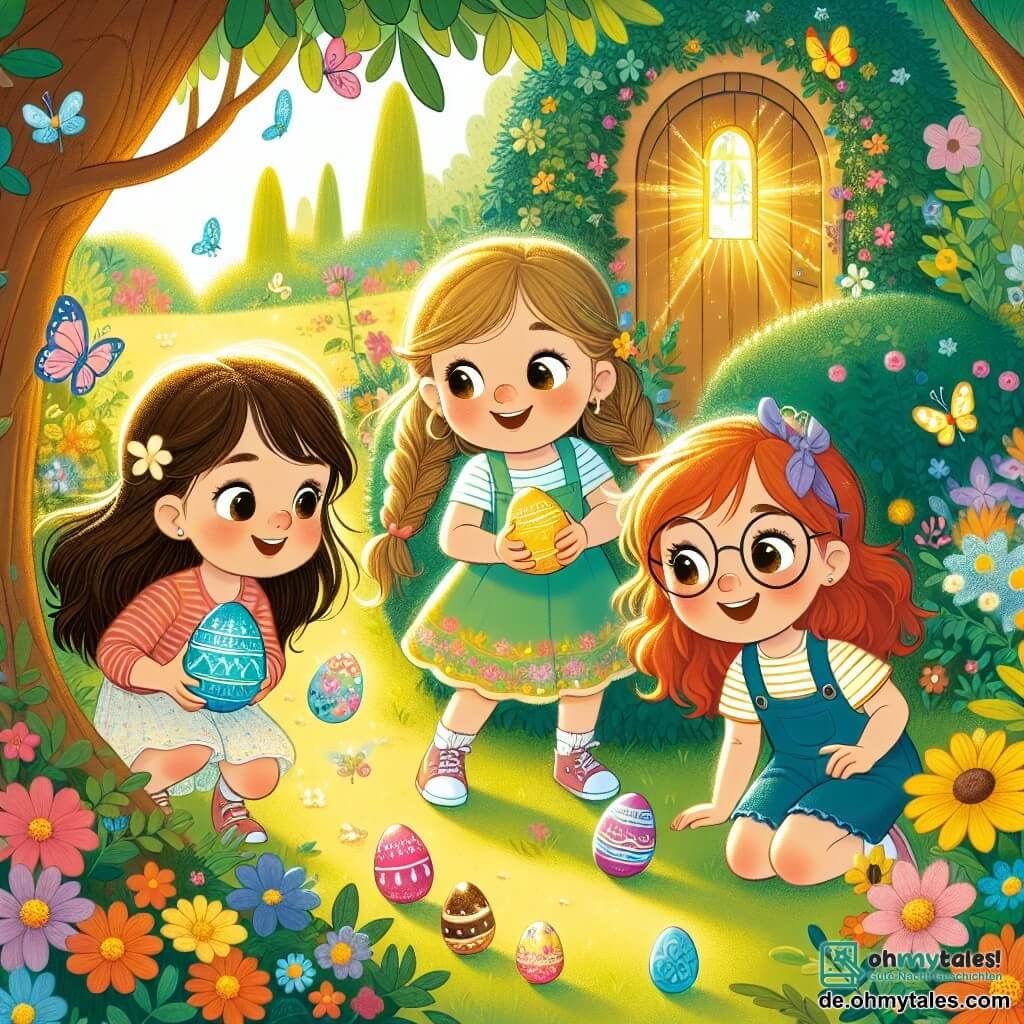 In einem sonnigen Garten sind drei Mädchen versammelt: - **Lena**, ein 8-jähriges Mädchen mit langen braunen Haaren und funkelnden Augen, hockt neben einem Busch und hält ein leuchtend blaues Ei in den Händen. - **Mia**, ein 7-jähriges Mädchen mit geflochtenen blonden Haaren und einem strahlenden Lächeln, steht neben einem großen Baum und schaut bewundernd auf ein schokoladenes Ei, das in der Sonne glänzt. - **Emma**, ein 9-jähriges Mädchen mit roten Haaren und runden Brillen, zeigt auf eine kleine goldene Tür, die hinter bunten Blumen verborgen ist. Der Garten ist voller bunten Blumen, schwirrenden Schmetterlingen und majestätischen Bäumen, was eine magische und fröhliche Atmosphäre schafft. Im Hintergrund funkelt eine kleine goldene Tür, umgeben von Grün. Die Hauptsituation zeigt die drei Freundinnen, die die geheimnisvolle Tür entdecken, ihre Gesichter erleuchtet von Neugier und Aufregung, bereit, in eine magische Welt voller Osterabenteuer einzutreten.