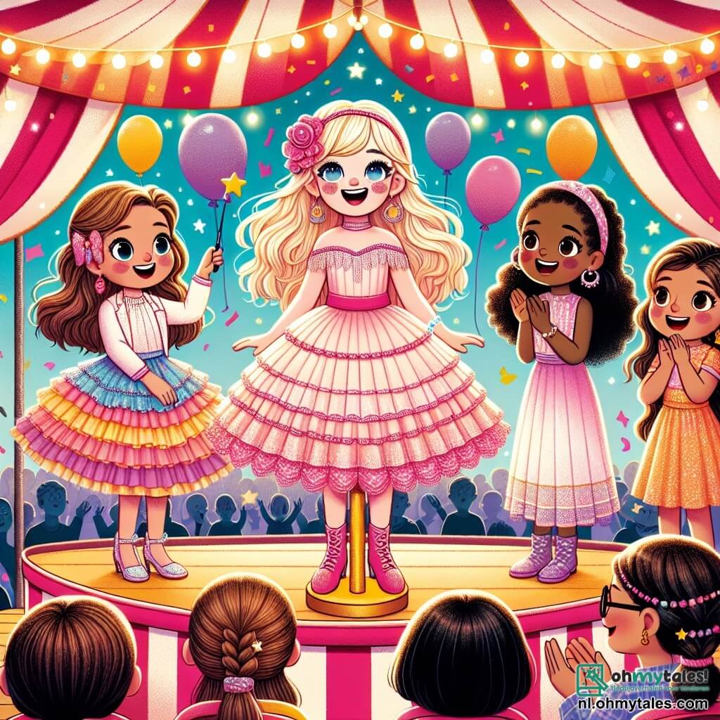 In het midden van het podium staan vier meisjes op een circuspodium. Luna, een 10-jarig meisje in een mooie roze jurk, zit in haar wagen, glimlachend en vol enthousiasme. Rechts van haar staat Sophie, een 9-jarig meisje met blond haar en een bril, die een magisch gebaar maakt met een toverstok. Links kijkt Mia, een 8-jarig meisje met bruin gevlochten haar, met grote ogen, klaar om een truc uit te proberen. Tot slot applaudisseert Noor, een 9-jarig meisje met zwart haar en een grote bloemenkrans, blij. De achtergrond toont een grote kleurrijke circustent met rode en witte strepen, vol met fonkelende lichten en verwonderde toeschouwers. Ballonnen zweven in de lucht en confetti valt om hen heen, wat een feestelijke sfeer creëert. De hoofdscène laat de meisjes zien die samen magie uitvoeren, met een grote glimlach op Luna's gezicht terwijl ze een kleurrijke sjaal laat verdwijnen, terwijl de magiër, met een grote hoed en een glinsterende cape, hen helpt. De sfeer is vrolijk en vol verwondering, en vangt de magische geest van het circus.