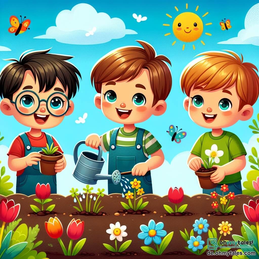 Drei fröhliche Jungen sind in einem Garten im vollen Frühling. Max, ein 8-jähriger Junge mit braunen Haaren und einer Brille, lächelt und hält einen kleinen Blumentopf. Neben ihm gießt Leo, ein 7-jähriger Junge mit blonden Haaren und funkelnden Augen, mit einer kleinen Gießkanne Wasser. Schließlich schaut Ben, ein 6-jähriger Junge mit roten Haaren und einem grünen T-Shirt, staunend auf die kleinen Samen, die sie gepflanzt haben. Der Garten ist voller bunter Blumen: rote Tulpen, gelbe Narzissen und weiße Gänseblümchen. Die Sonne scheint am klarblauen Himmel, und Vögel singen in den Bäumen. Schmetterlinge fliegen um die Blumen und verleihen der Szene einen Hauch von Magie. Die drei Freunde pflanzen Blumen Samen in die Erde und sind gespannt, wie ihr Garten unter der sanften Frühlingssonne erblühen wird.