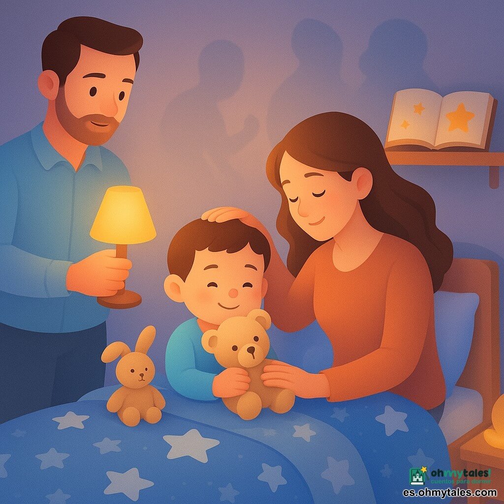 Niño de 2 años, cara redonda, pelo corto castaño, mejillas rosadas y sonrisa tranquila, abrazando fuerte un osito beige; madre de unos 30 años, pelo castaño suelto, mirada dulce, sentada a la derecha de la cama, canta y acaricia la cabeza del niño; padre de unos 32 años, barba ligera y camisa azul claro, junto a la puerta con una pequeña lámpara de pantalla amarillo cálido que ilumina la habitación; cama con edredón de estrellas azules y blancas; sombras en la pared formando siluetas suaves y danzantes en gris azulado; estantería baja con un libro abierto con estrellas doradas y una luz nocturna en forma de luna en la mesita; habitación infantil acogedora con paredes lavanda, suelo de madera clara y alfombra redonda crema al pie de la cama; escena de acostarse tranquila y cálida con luz amarilla-anaranjada y ambiente seguro y tierno.
