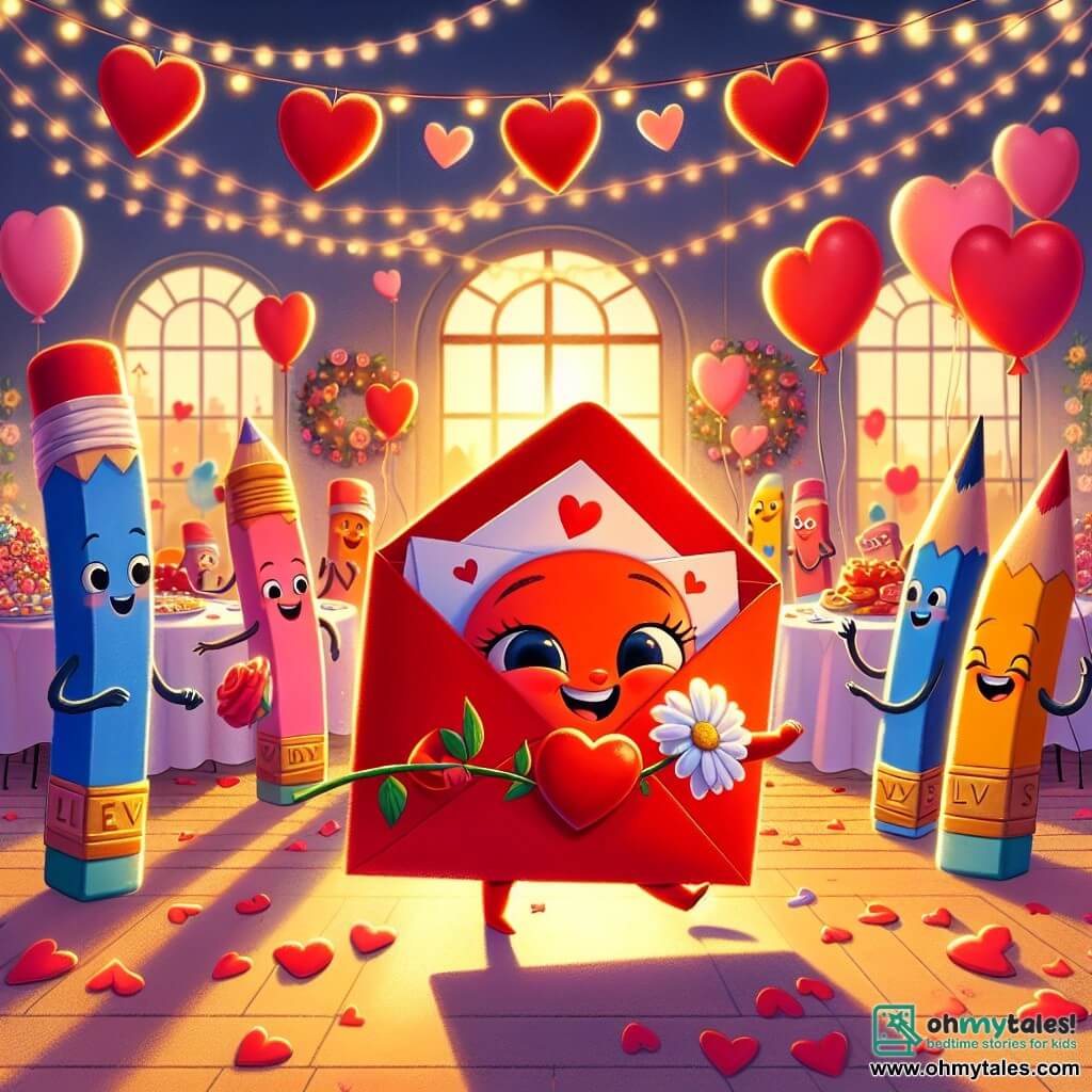 In a cozy corner of the city, Ellie, a bright red envelope with a cheerful smile and a heart-shaped flap, dances joyfully at a Valentine's Day party. Her eyes sparkle with happiness as she holds a pretty white flower in her little paper hand. Next to her, a group of colorful crayons, each with a smiling face, radiates joy. The tallest, a blue crayon, draws hearts in the air with its pointed tip, while the smaller yellow crayon claps excitedly. The setting features a room decorated with heart-shaped balloons floating from the ceiling, colorful flower garlands, and tables laden with sparkling candies. The soft light of the setting sun filters through the windows, creating a warm and festive atmosphere. The main scene shows Ellie and her friends celebrating together, surrounded by laughter and colors, sharing moments of joy and friendship at their Valentine's Day party.