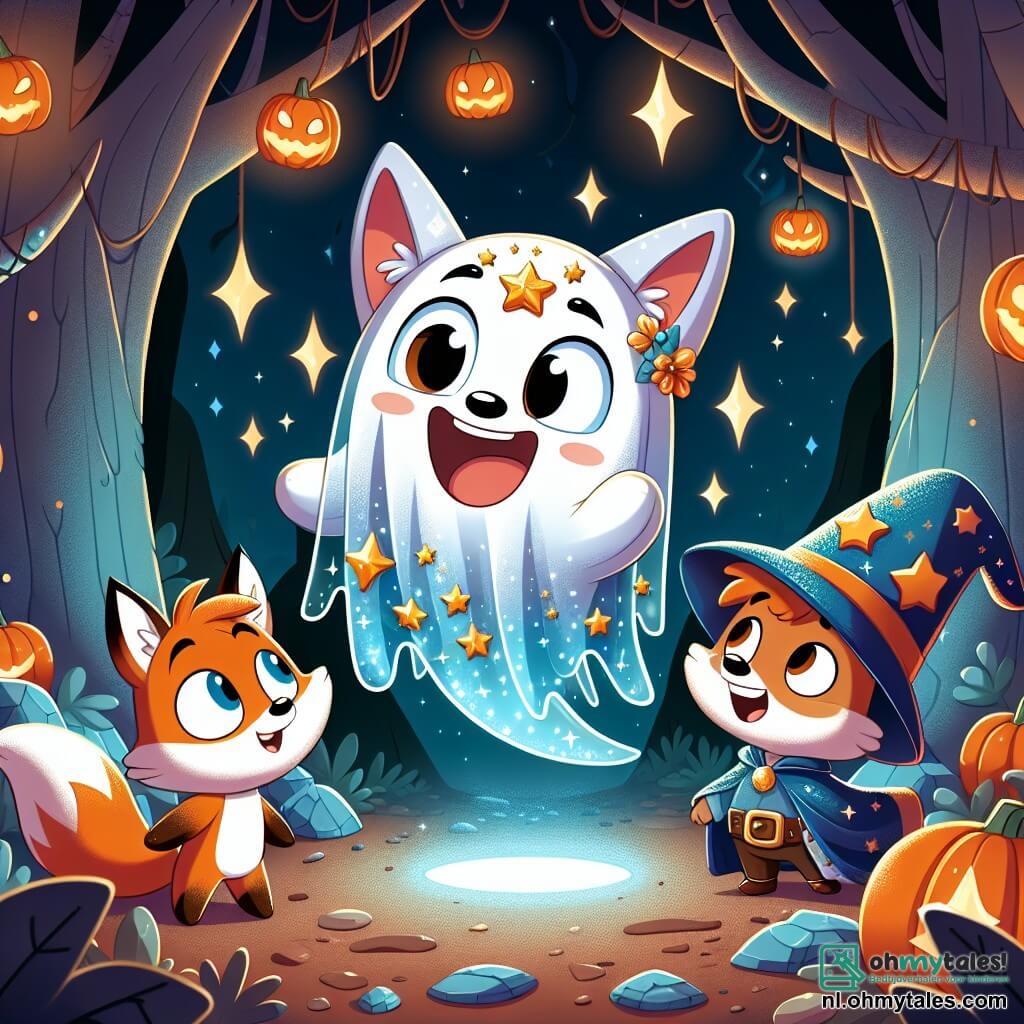 Het hoofdpersonage, een jonge vos genaamd Felix, is gekleed in een glinsterend spookkostuum met sterren en manen, en hij toont een grote glimlach van opwinding terwijl hij licht boven de grond zweeft. Naast hem staat zijn beste vriend Sam, een klein eekhoorntje met sprankelende ogen, gekleed in een tovenaarspak met een puntige hoed, die Felix met bewondering en een mix van verwondering en enthousiasme aankijkt. De scène speelt zich af in een betoverd bos, waar de bomen versierd zijn met oranje lantaarns en nep spinnenwebben, wat een magische en feestelijke sfeer creëert. In het midden van de afbeelding ontdekken Felix en Sam een mysterieuze grot, waarvan de ingang bedekt is met spinnenwebben, terwijl binnenin schitterende kristallen de ruimte verlichten als sterren. Felix en Sam, verwonderd, lopen naar de grot toe, klaar om een onvergetelijk avontuur te beleven.