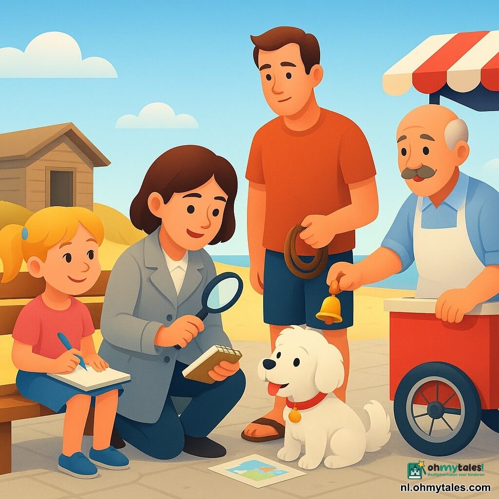 Rechercheuse Noor, souriante et concentrée, à genoux, cheveux bruns courts, manteau gris clair, carnet et loupe en main; à sa gauche sur un banc la fille Lotte (≈8 ans) aux couettes blondes, mains tachées de crayon, tenant un cahier ouvert et regardant avec espoir; l’homme Bram (≈30 ans) l’air coupable mais soulagé, tongs pleines de sable, tenant un morceau de corde près d’un petit cabanon en bois; Monsieur Marius (≈60 ans), moustachu et chaleureux, en tablier blanc, tend une petite cloche dorée retrouvée près d’une charrette à glaces rouge et blanche; le petit chien Pompom, pelage blanc et collier rouge avec la cloche, assis entre Noor et Marius en remuant la queue; lieu : place côtière en été avec pavé clair, dunes dorées, cabanon de sauveteur peint et ciel bleu pâle; situation principale : Noor découvre la cloche au collier de Pompom près d’un dessin coloré à moitié enfoui dans le sable, scène lumineuse, chaleureuse et lisible pour un enfant.