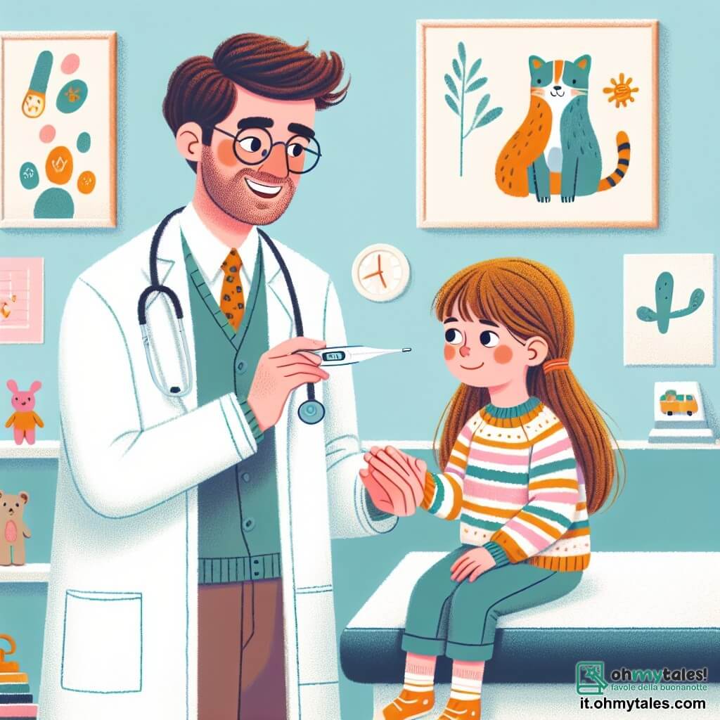 Un medico di nome Luca, con capelli castani e occhiali tondi, sorride calorosamente. Indossa un camice bianco e tiene un termometro in una mano, guardando con benevolenza una bambina di circa 6 anni, con lunghi capelli biondi e guance rosa, seduta su un tavolo di visita, un po' preoccupata, ma che inizia a sorridere vedendo il dottore. Sua madre, una donna di circa trent'anni con capelli castani e un maglione colorato, si trova accanto a lei, guardandola con tenerezza. La scena si svolge in una clinica luminosa e accogliente, con pareti dipinte di azzurro chiaro, poster di disegni di animali e giocattoli colorati sparsi sul pavimento. Luca misura la temperatura della bambina, spiegandole gentilmente che si sentirà meglio presto, mentre la madre le stringe la mano con gratitudine.