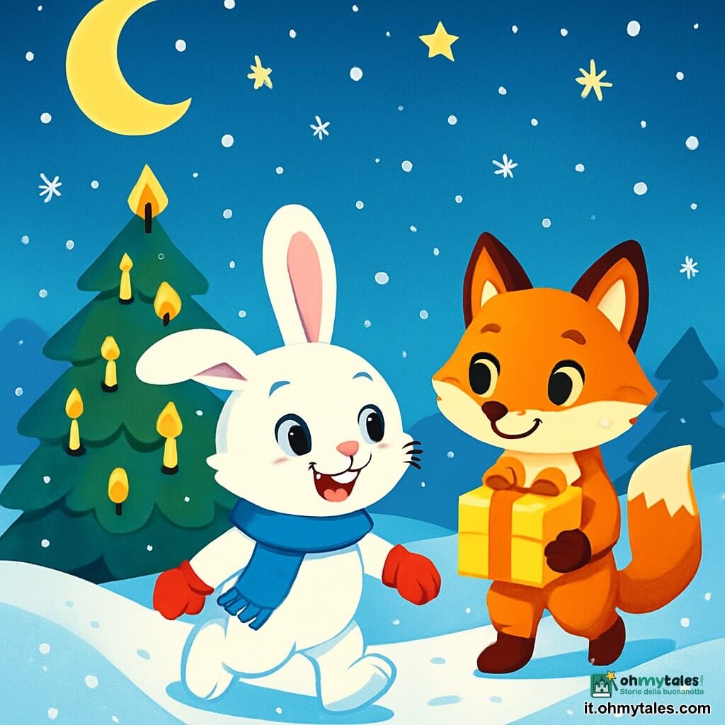 Un coniglio di nome Lino, con un morbido pelo bianco come la neve, indossa una sciarpa blu e guanti rossi. Ha un grande sorriso caloroso e occhi brillanti di eccitazione, mentre cammina nella neve che scintilla sotto la luna. Accanto a lui, una volpe di pelo rossiccio e occhi chiari, di nome Vanda, tiene un pacchetto avvolto in carta dorata. Sembra riconoscente e felice, con un'espressione dolce sul volto, mentre guarda Lino con ammirazione. Il contesto è una valle innevata e tranquilla, con un grande abete illuminato da candele dorate al centro, circondato da fiocchi di neve che cadono lentamente. Le stelle brillano nel cielo notturno, creando un'atmosfera magica e calorosa. La scena principale mostra Lino e Vanda che camminano insieme su un sentiero innevato, condividendo un momento di amicizia e gioia, mentre si dirigono verso l'abete per celebrare il Natale.