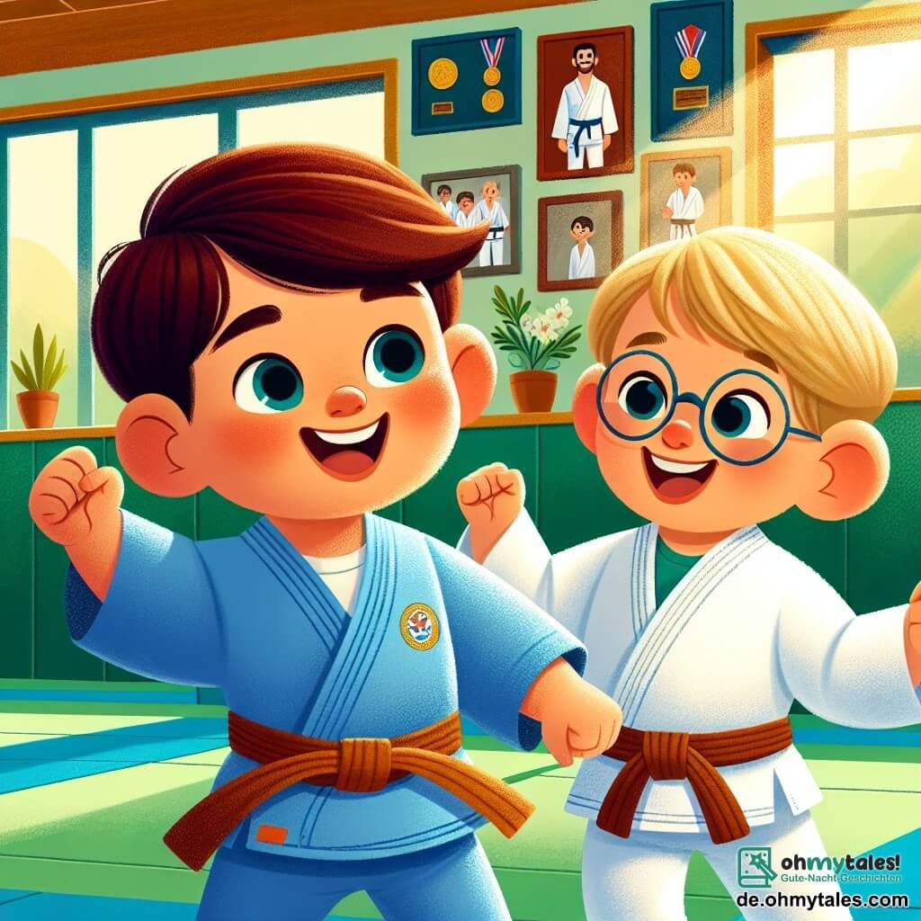 Ein kleiner Junge von 2 Jahren, Max, hat kastanienbraune Haare und strahlende Augen. Er trägt einen blauen Judo-Gi und lächelt, während er sich zum Springen bereitmacht. Neben ihm ermutigt ihn sein bester Freund Leo, ein 3-jähriger Junge mit blonden Haaren und runden Brillen, mit einem enthusiastischen Lächeln und erhobenen Armen. Die Szene spielt sich in einem hellen Dojo ab, mit grünen Matten und Wänden, die mit Medaillen und Fotos von Judo-Meistern dekoriert sind. Sonnenstrahlen strömen durch die Fenster und schaffen eine warme, einladende Atmosphäre. Max und Leo bereiten sich darauf vor, gemeinsam einen großen Sprung zu machen, voller Aufregung und Entschlossenheit, bereit, die Herausforderung ihres Trainers anzunehmen.