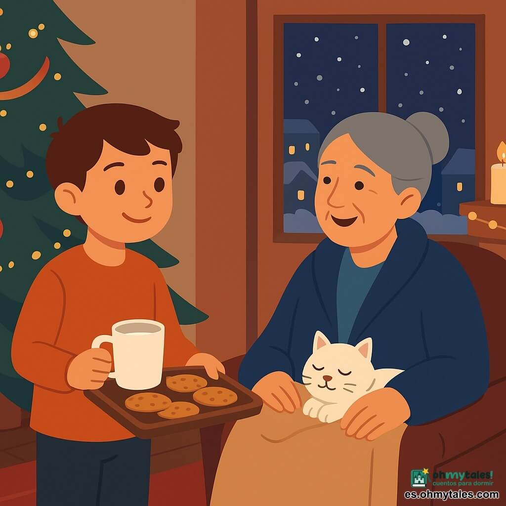 Un niño de 10 años, rostro redondo, cabello castaño corto y sonrisa cálida, sostiene una taza de leche y una bandeja de galletas doradas junto a un gran abeto; una vecina de unos 75 años, cabello gris recogido en moño, con abrigo azul, está sentada junto al fuego, envuelta en una manta y riendo dulcemente mientras mira al niño; un gato blanco llamado Copo, de pelaje esponjoso, duerme acurrucado en sus piernas; el salón es pequeño y acogedor con suelo de madera oscura, alfombra roja, chimenea con llamas suaves, guirnaldas doradas y velas encendidas, y por la ventana se ve la noche nevada; situación principal: el niño ofrece leche y galletas a la vecina que ha entrado a calentarse, ambiente íntimo y luz cálida, centrado en la bandeja y los rostros sonrientes.
