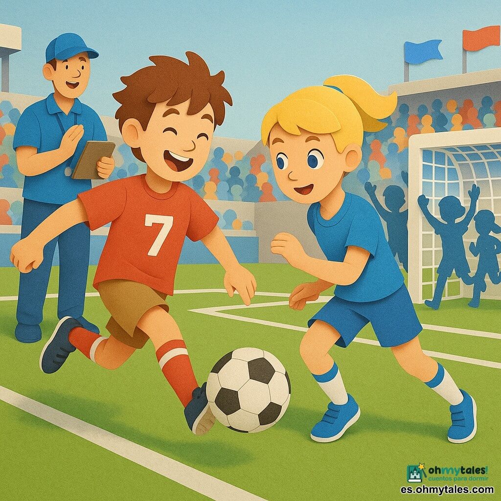Un niño, Pablo, unos 11 años, pelo castaño despeinado, camiseta roja con el número 7, da un pase de tacón elegante; una niña, Carla, unos 11 años, coleta rubia, short azul, recibe el pase frente a la portería y prepara un disparo; el entrenador Lucas, unos 40 años, con gorra azul y cuaderno, sonríe y aplaude desde el banquillo; dos compañeros y una compañera, ~11 años, celebran corriendo detrás de Carla con las manos en alto; estadio con césped verde y líneas blancas, gradas coloridas llenas de pequeñas siluetas, banderas rojas y azules y cielo pastel; estética de capas y siluetas recortadas en papel, colores vivos y contrastados, sombras suaves, ambiente de entusiasmo y amistad.
