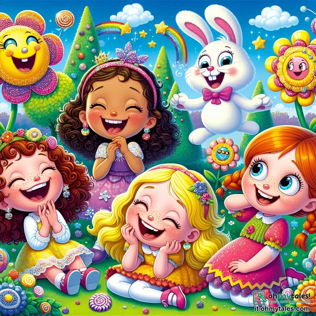 Quattro amiche, due ragazze di 8 anni e due di 9 anni, si trovano al centro di un giardino magico. Sofia, una ragazza di 9 anni con capelli ricci castani e un sorriso luminoso, ride tenendo una stella scintillante. Alla sua destra, Giulia, una ragazza di 8 anni con capelli biondi lisci e occhiali tondi, ride ascoltando una barzelletta di un fiore colorato. A sinistra, Marta, una ragazza di 9 anni con capelli rossi intrecciati e lentiggini, si rotola per terra dalle risate. Infine, Alessia, una ragazza di 8 anni con capelli castani e un vestito rosa, cerca di alzarsi con un grande sorriso. Il giardino è pieno di fiori parlanti dai colori vivaci, con petali a forma di volti felici, e alberi di caramelle che brillano sotto un cielo azzurro. Nuvole di zucchero filato fluttuano sopra di loro, aggiungendo un tocco di magia all'atmosfera. La scena principale mostra le quattro amiche che ridono insieme, circondate da fiori che raccontano barzellette, mentre un grosso coniglio bianco le osserva divertito, pronto ad avvisarle di non ridere troppo forte per non volare via.