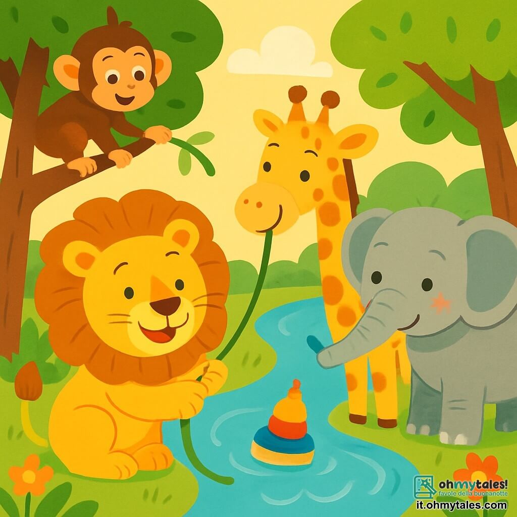 Un leone maestoso di nome Leo, con una criniera dorata e occhi brillanti, sorride felicemente mentre tiene una liana tra le zampe. Accanto a lui, una giraffa di nome Giulia, con un lungo collo maculato e occhi dolci, allunga il collo per prendere un giocattolo galleggiante. Un elefante di nome Elia, con grandi orecchie e pelle grigia, guarda con curiosità, mentre una piccola scimmia di nome Mimi, con pelliccia marrone e occhi maliziosi, si arrampica su un ramo per vedere meglio. La scena si svolge vicino a un fiume scintillante, circondato da alberi con foglie verdi brillanti che danzano nel vento. Fiori colorati bordano la riva, aggiungendo un tocco di magia all'ambiente. Leo e i suoi amici stanno tirando insieme una liana per recuperare i loro giochi che galleggiano sull'acqua, con i volti pieni di determinazione e felicità.