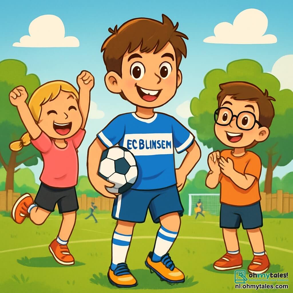 Een jonge man, Lukas, staat in het midden van de afbeelding, glimlachend met sprankelende ogen van opwinding. Hij draagt een blauw-wit shirt van het FC Bliksem team, met bijpassende shorts en glanzende voetbalschoenen. Zijn bruin haar is lichtjes verward, en hij houdt een voetbal onder één arm, klaar om te spelen. Aan zijn rechterkant staat een meisje genaamd Emma, ongeveer 10 jaar oud, met gevlochten blond haar en een roze t-shirt met een zwarte short. Ze steekt haar armen in de lucht, springt van blijdschap, haar gezicht straalt van geluk. Aan zijn linkerkant staat een jongen genaamd Sam, 9 jaar oud, met een bril en kastanjebruin haar, die enthousiast applaudisseert met een grote glimlach op zijn gezicht. De achtergrond is een klein groen voetbalveld, omringd door groene bomen en een houten hek. De lucht is blauw met enkele pluizige witte wolken, en kinderen spelen in de verte, wat een vrolijke sfeer toevoegt. De scène toont Lukas die met de kinderen speelt, lacht en samen plezier heeft, wat een moment van kameraadschap en passie voor voetbal illustreert.