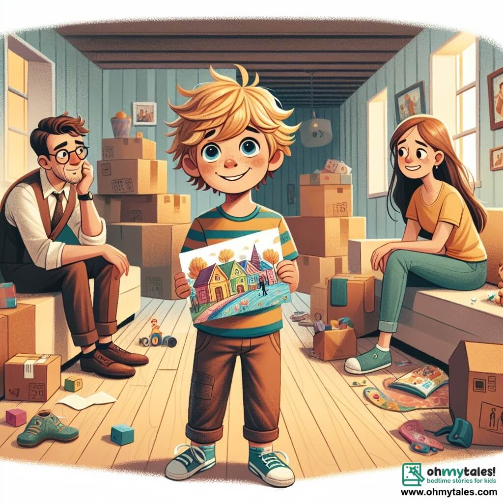A 6-year-old boy, Max, with messy blond hair and big blue eyes, stands in the center of the image, a shy smile on his face, holding a colorful drawing of his family. Next to him, his mom, a woman in her thirties with brown hair and glasses, smiles tenderly at him while sitting on the couch surrounded by moving boxes. A little further away, his dad, a man in his thirties with brown hair and a light beard, leans in to admire the drawing, pride on his face. The scene takes place in a warm living room filled with natural light, with soft yellow walls and toys scattered on the floor. Moving boxes are stacked in one corner, and a large window lets in sunlight, creating a welcoming atmosphere. The main situation shows Max, torn between the joy of showing his drawing and the melancholy of his parents' separation, illustrating the complex emotions of a child facing family change.