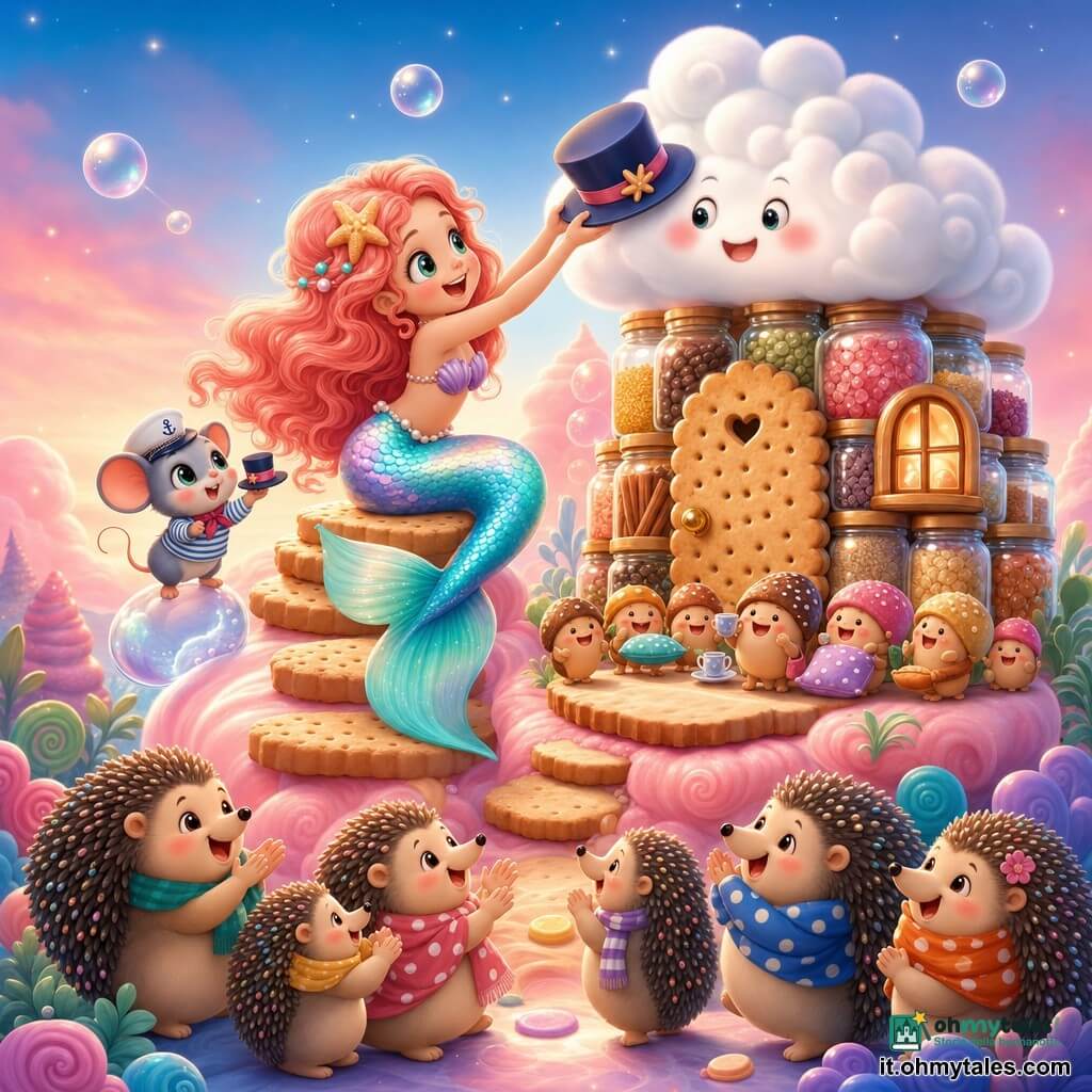 Una sirena ragazza gioiosa e maliziosa di nome Milù, scaglie color caramella e coda turchese, capelli lunghi ondulati color corallo, sorride mentre afferra il cilindro di una piccola nube; seduta su un gradino di biscotto guida delicatamente la nube per posarla come tetto sulla casa. Un piccolo topolino marino dagli occhi tondi e cappello da marinaio sta su una bolla d'acqua vicino a Milù, regge un mini cappello e guarda la nube stupito. Una famiglia di ricci bassi e paffuti con sciarpine colorate applaude sorridendo lungo il sentiero; minuscoli "tartufi" a forma di fungo, rotondi e accoglienti, con cuscini e tazze sono radunati davanti alla porta di biscotto come spettatori gioiosi. Il luogo: collina di zucchero filato rosa, erba a spirali pastello, cielo sfumato blu-rosato; la casa ha pareti di barattoli di spezie, porta di biscotto salato, finestre di caramello lucido e riflessi glassati, sopra una nuvola soffice con cappello funge da tetto. Atmosfera festosa, colori dolci, luci morbide, bolle scintillanti, espressioni felici e texture golose ben visibili.