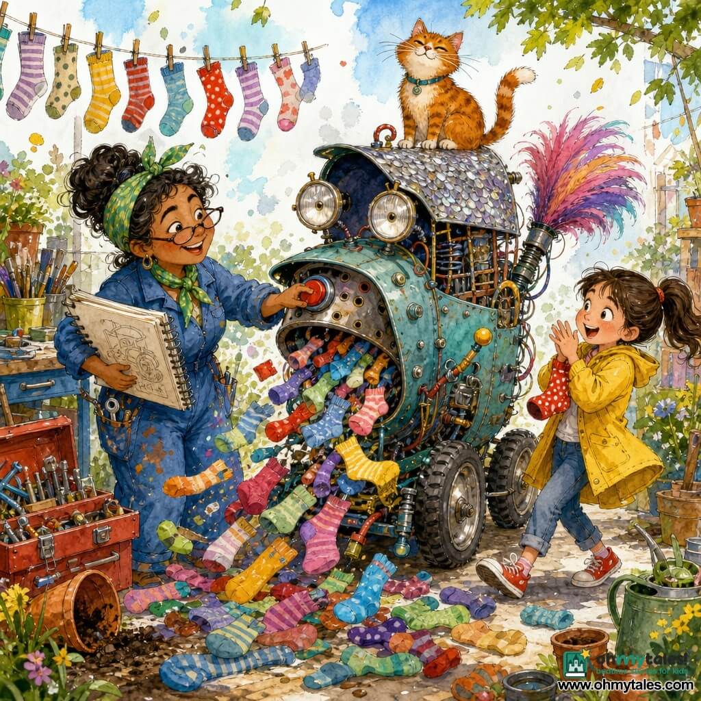 A smiling, mischievous female inventor with a round face, droopy glasses, a tied green scarf and paint-splattered clothes holds a large sketchbook and presses a red button on a makeshift machine; an amazed eight-year-old girl with brown ponytail and a yellow jacket claps back a step while holding a red polka-dot sock; a regal, amused ginger cat named Marmalade perches on the machine's metal roof; the "Marvelous Multi-Finder" is a patched-together contraption with visible springs, rubber wheels, bike headlamp eyes, a feather-duster tail, a glittered anti-cat roof and exposed screws and string; in a windy workshop-garden with a painted wooden workbench, open toolboxes, overturned flower pots and a clothesline of floating colorful socks, the machine spits a shower of socks in all shapes and colors as the inventor beams, the girl picks one up and the cat watches, in a dynamic composition with bright colors, crisp ink lines and watercolor wash.