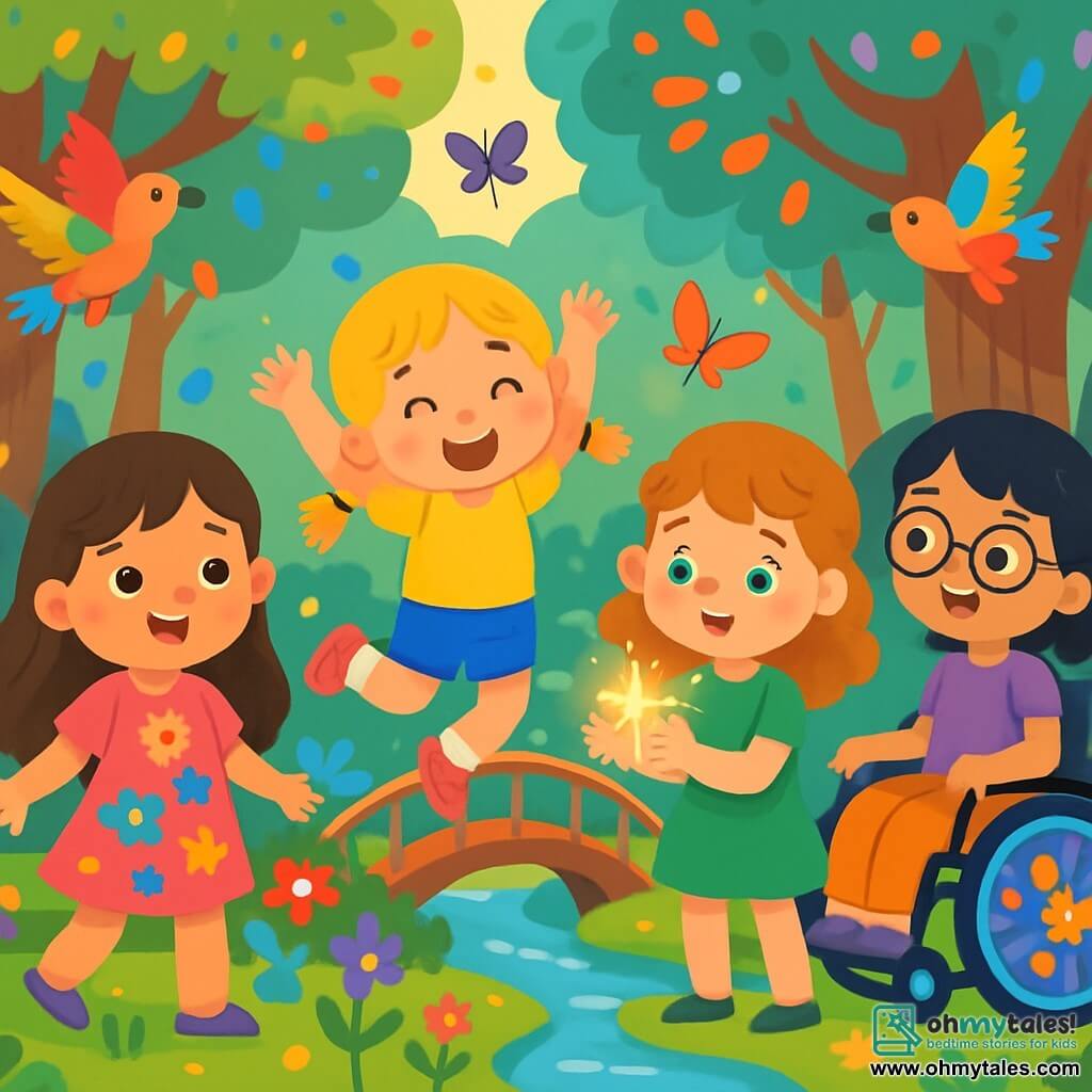 There are 4 children: - Lily: a 4-year-old girl with long brown hair and sparkling eyes. She wears a pink dress with colorful flowers and stands on the left, smiling and full of energy. - Mia: a 4-year-old girl with braided blonde hair and bright blue eyes. She wears a yellow t-shirt and blue shorts, jumping for joy in the center of the image. - Emma: a 4-year-old girl with curly red hair and freckles. She wears a green dress and is on the right, holding sparkling magic in her hands. - Zoe: a 4-year-old girl with black hair and round glasses. She is in a wheelchair decorated with colorful stickers, smiling and looking at her friends with enthusiasm, slightly in the background. The scene takes place in an enchanted forest, where tall majestic trees have leaves that shine in a thousand colors. Multicolored flowers dance in the wind, and butterflies with shimmering wings fly around the children. An old wooden bridge, surrounded by flowering vines, crosses a small river with crystal-clear waters. The main situation shows the four children laughing and playing together, amazed by the sparkling magic Emma holds in her hands. They are surrounded by fantastic creatures, such as rainbow-feathered birds and singing flowers, creating a joyful and magical atmosphere.