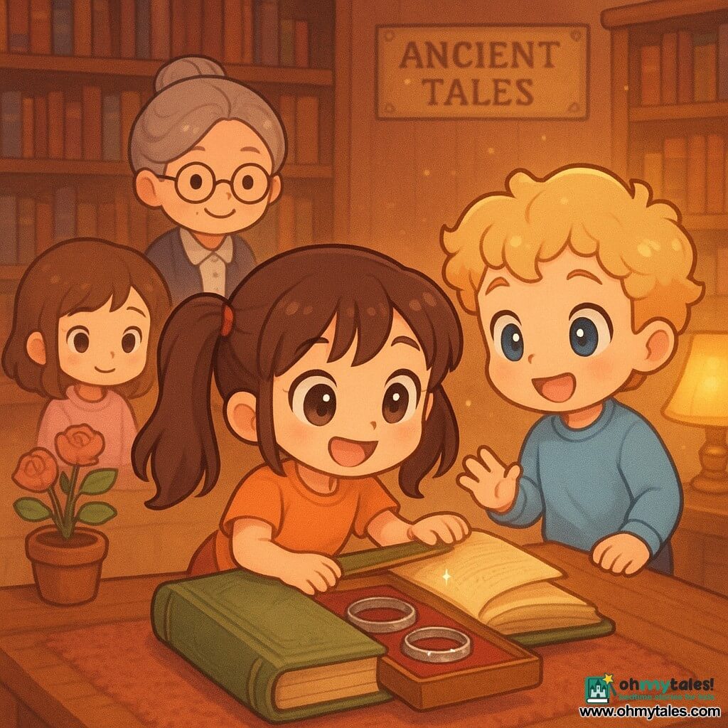 An excited, curious 8‑year‑old girl with brown pigtails and bright eyes kneels at a large wooden table opening an old green book whose secret page lifts; to her right stands Leo, an ~8‑year‑old boy with curly blond hair, raising a hand and marveling at the page; Nora, an ~8‑year‑old girl with chestnut hair and a shy, happy expression, stands slightly behind to the left behind a small pot of roses, watching; Miss Maple, a gray‑haired librarian in her 50s with round glasses and a kind smile, appears near a book-filled shelf in a warm library—dark wooden shelves, soft rug, golden desk-lamp light, dust motes and a visible “Ancient Tales” sign. The moment shows a small trapdoor emerging from the old book: a red velvet drawer holding three silver bracelets; the mood is magical and gentle, with vivid pastel colors, strong contrast, visible wood and fabric textures, and sparkling highlights on the jewelry.
