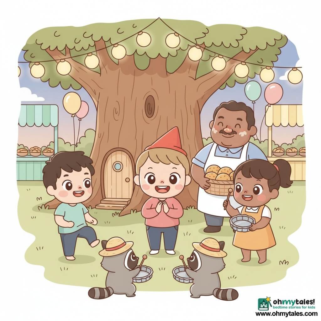 The main character is a lively, mischievous 6-year-old boy with bright round eyes, short chestnut hair and rosy cheeks wearing a small red hat; his 7-year-old sister, focused and determined with brown hair in a ponytail, taps a stick to mark the tempo to his right; their serious-but-amused 9-year-old older brother with tousled black hair taps his left foot to the left; a jovial, round adult baker in a flour-dusted white apron smiles behind them near an old oak holding a wicker basket; two or three costumed raccoons in tiny straw hats with curious eyes and striped tails drum on shiny tart tins; they stand at a village fair at dusk with wooden stalls, warm lantern garlands and pastel balloons around the oak with a small door, and the three children gently guide the raccoons to turn a scary "BUMP-BOOM" into a joyful, dancing rhythm.