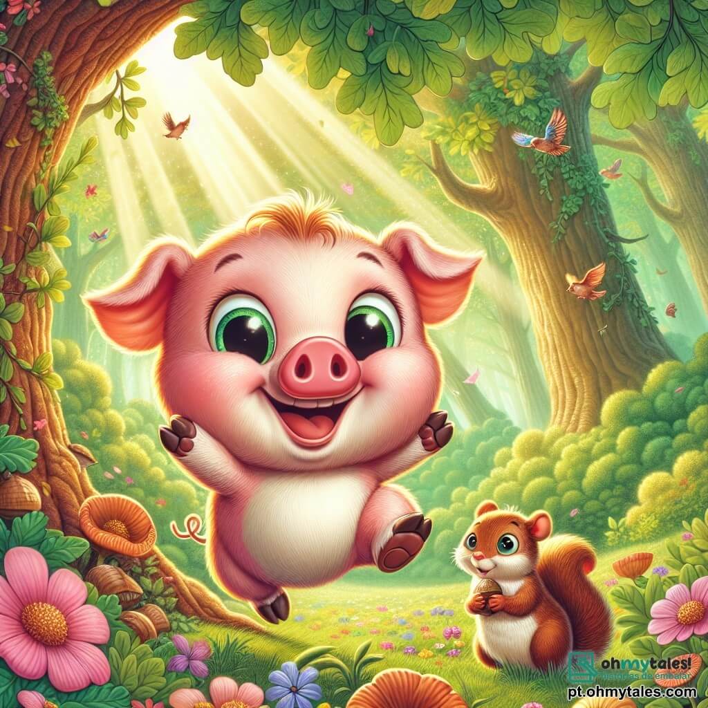 Um pequeno porquinho rosa, chamado Tico, com grandes olhos brilhantes e orelhas em pé, está pulando alegremente em uma floresta verdejante, cercado por flores coloridas e raios de sol filtrando através das folhas. Ele tem um sorriso largo e bochechas rosadas, expressando grande alegria e curiosidade.

Ao lado dele, um pequeno esquilo marrom, chamado Léo, com uma cauda espessa e olhos tristes, observa Tico com gratidão. Ele segura uma pequena noz em suas patas dianteiras, simbolizando esperança, enquanto está perto de um grande carvalho, sua expressão mostrando admiração e preocupação.

O lugar é uma floresta mágica, cheia de árvores majestosas com troncos grossos, flores vibrantes e uma suave luz dourada que ilumina o chão coberto de folhas. Pássaros coloridos estão empoleirados nos galhos, acrescentando vida a esta cena pacífica.

A situação principal mostra Tico e Léo procurando nozes juntos, simbolizando ajuda mútua e amizade, com cestos cheios de comida ao redor deles, ilustrando sua determinação em superar dificuldades e compartilhar a felicidade.