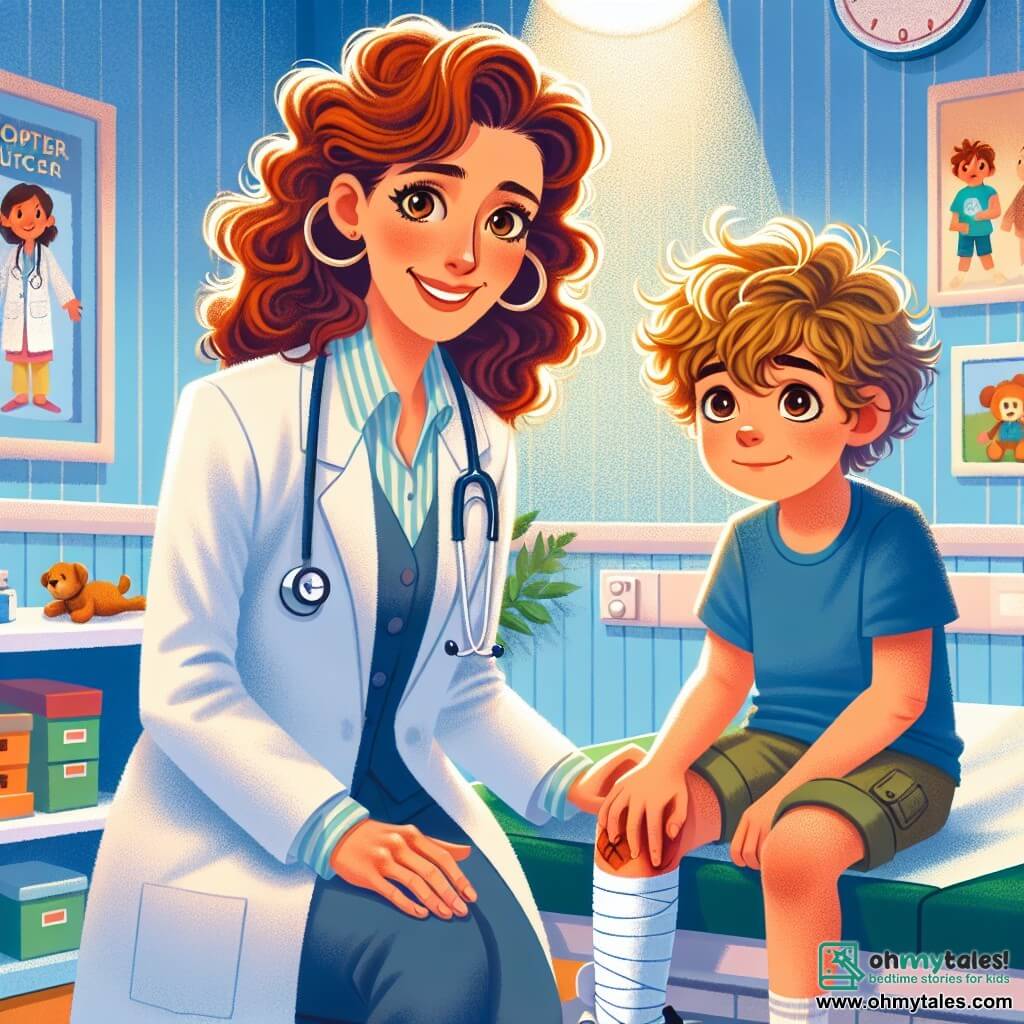 Dr. Lily Thompson is a woman in her thirties with curly brown hair and sparkling, kind eyes. She wears a spotless white coat, a stethoscope around her neck, and a warm smile, showing her commitment to helping children. She is crouched next to a small boy, Jake, who is about eight years old, with messy blonde hair and a worried yet brave expression. He wears a blue t-shirt and shorts, holding a bandage on his injured leg. The scene takes place in a colorful medical examination room, with walls decorated with children's drawings, educational health posters, and toys scattered on a table. A window lets in sunlight, creating a warm and welcoming atmosphere. The main situation shows Dr. Lily reassuring Jake after he fell off his bike, gently explaining the treatment steps for his injury while Jake listens attentively, his gaze becoming more confident.