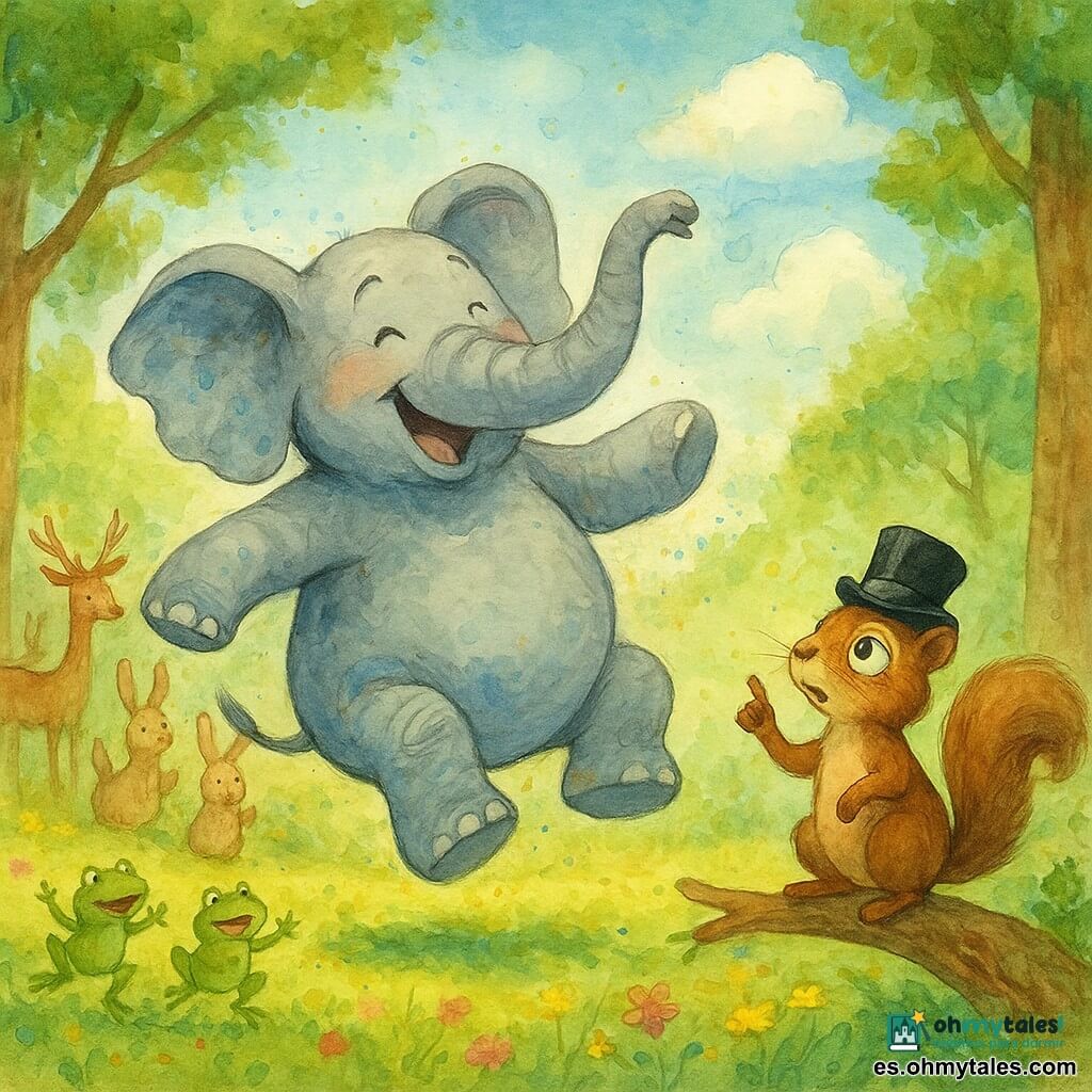 Un gran elefante gris llamado Tito, de contornos suaves y patas anchas, alegre y sonriente con la trompa en alto, reflejos azulados y leves manchas de pintura en las orejas, gira bailando en el centro; a su derecha, una pequeña ardilla marrón llamada Rufus, con sombrero de copa negro y monóculo, intrigada y algo confusa, de pie en una rama baja levantando una pata mientras cuenta las nubes; de fondo, ciervos delgados, conejos de orejas largas y ranas que aplauden formando un semicírculo; claro del bosque soleado con hierba verde, flores silvestres amarillas y rosas, árboles de troncos marrones y rayos de sol entre hojas bajo un cielo azul con nubes algodonosas; escena festiva y fluida con salpicaduras de acuarela que sugieren ritmo y música.