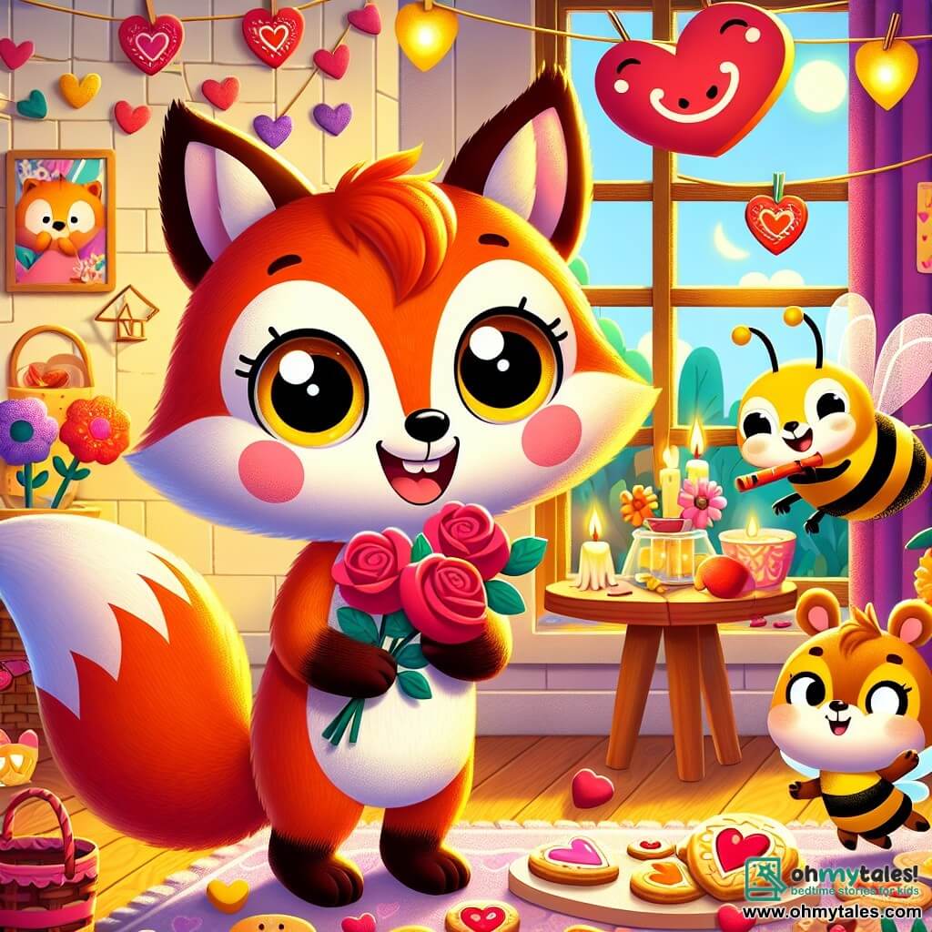 An illustration depicts a young fox with bright red fur and sparkling eyes joyfully preparing for a Valentine's Day party. Standing in its cozy living room surrounded by colorful decorations, it wears a big smile while holding color-changing roses. Next to it, a cheerful little bee with yellow and black stripes buzzes around, bringing heart-shaped cookies, its round eyes shining with enthusiasm. In one corner, a small squirrel with light brown fur and a bushy tail plays a magical flute, its face glowing with happiness and concentration. The warm living room is adorned with heart-shaped lanterns softly glowing and colorful flower garlands hanging on the walls. A table is set with sweet treats and heart-shaped mirrors, creating a festive and welcoming atmosphere. The main scene shows the fox and its friends joyfully preparing for a celebration filled with laughter and music, celebrating friendship and love, with colorful confetti floating in the air, exuding happiness and camaraderie.