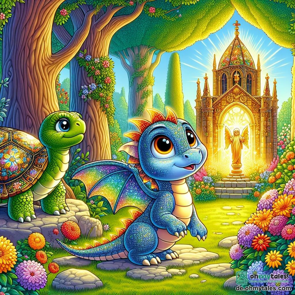 Ein kleiner Drache namens Flamme, mit schimmernden Schuppen in Regenbogenfarben und funkelnden, neugierigen Augen, steht am Rand eines wunderschönen geheimen Gartens. Er zeigt Staunen, seine Flügel leicht ausgebreitet, bereit, diesen magischen Ort zu erkunden. In der Nähe beobachtet eine weise alte Schildkröte mit einem von floralen Mustern verzierten Panzer und sanften Augen Flamme mit einem wohlwollenden Lächeln, sitzt auf einem Stein und strahlt eine Aura der Gelassenheit und Weisheit aus. Der Garten ist ein wahres lebendes Gemälde, gefüllt mit leuchtenden Blumen, großen Bäumen mit üppigem Laub, und in der Mitte steht eine Statue einer alten Kirche, die eine Eule darstellt, umgeben von goldenem Licht, das scheint, Geheimnisse in den Wind zu flüstern. Flamme, neugierig, nähert sich der Statue, um die Geheimnisse des Gartens der Weisheit zu entdecken, bereit, wertvolle Lektionen über Freiheit, Wahrheit und Gerechtigkeit zu lernen.