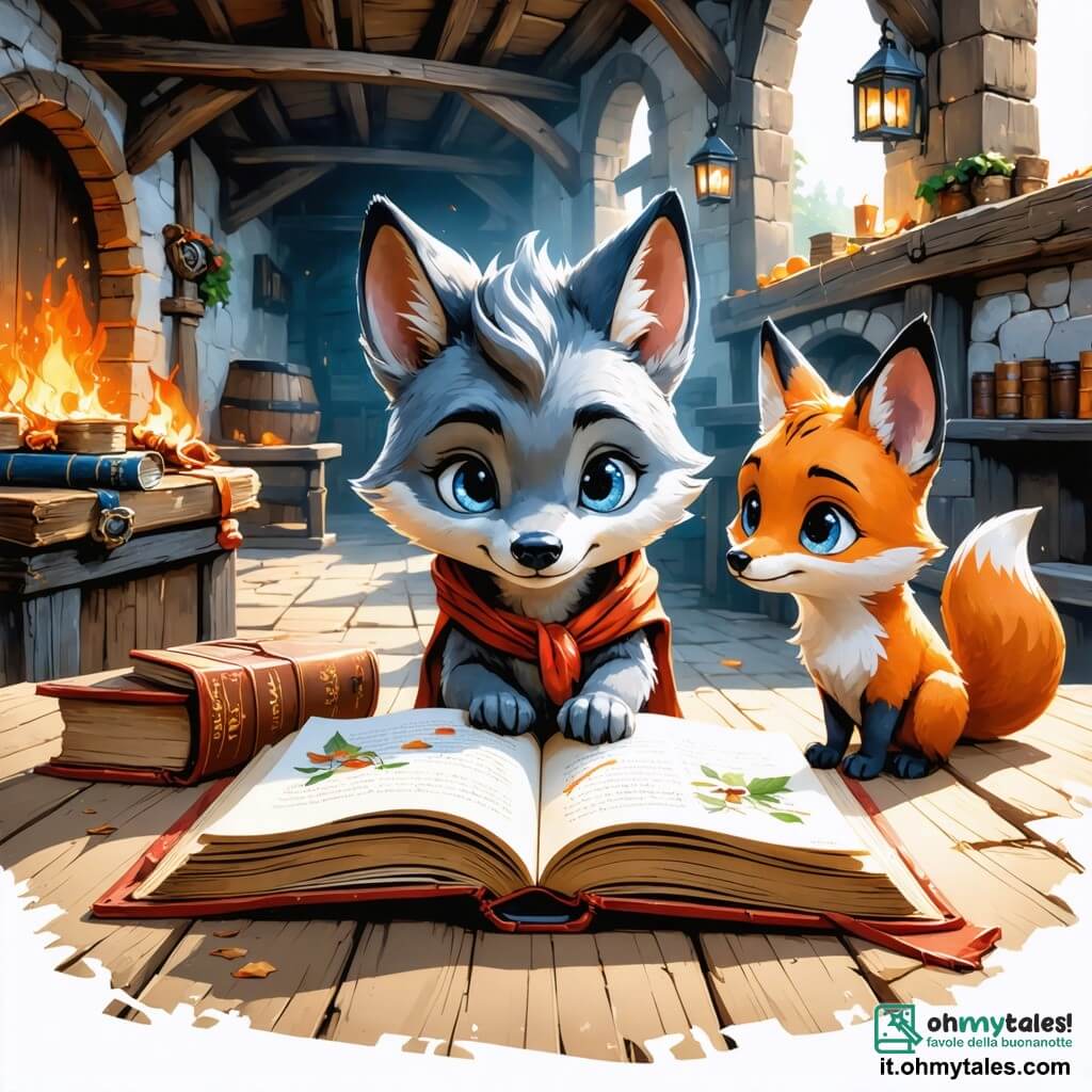 Un giovane lupo di nome Luca, con un pelo grigio e occhi pieni di curiosità, si trova al centro dell'immagine, guardando con meraviglia un vecchio libro aperto su un tavolo di legno in un antico mulino. Mostra un'espressione di determinazione ed eccitazione, come se avesse appena scoperto un grande segreto. Accanto a lui, Emma, una volpe astuta con un pelo arancione vivo e occhi maliziosi, sfoglia attentamente le pagine del libro, il suo viso illuminato dalla luce morbida che filtra attraverso una finestra polverosa. Marco, un orso bruno robusto con un sorriso amichevole, si piega per esaminare un ciondolo scintillante trovato sul pavimento, con aria intrigata e concentrata. Il mulino è un edificio antico, con muri di pietra coperti di muschio, una grande ruota di legno all'esterno e raggi di luce che danzano attraverso le crepe dei muri, creando un'atmosfera misteriosa e incantata. La scena rappresenta il momento in cui i giovani detective scoprono indizi sulla leggenda del Lupo della Luna, circondati da vecchi libri e oggetti dimenticati, pronti a risolvere il mistero che li circonda.