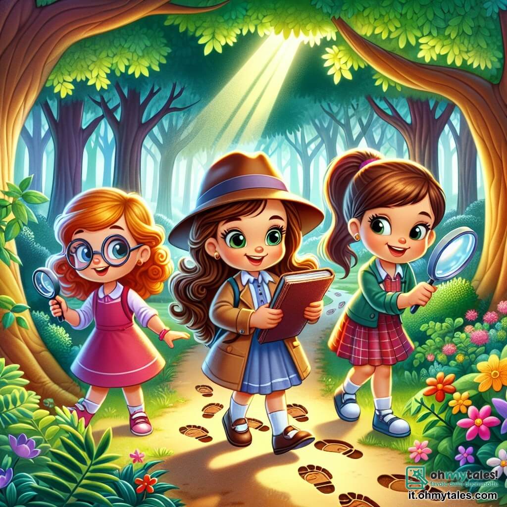In una foresta incantata, tre piccole detective sono in piena avventura. Sofia, una bambina di otto anni con i capelli ricci e castani e occhiali rotondi, tiene un grande taccuino e osserva attentamente delle impronte a terra. Accanto a lei, Giulia, una ragazza con capelli biondi e lisci, indossa un cappello da detective e indica un sentiero misterioso. Infine, Marta, con i capelli castani legati in una coda di cavallo, sorride tenendo una lente d'ingrandimento, pronta a esplorare. La foresta è densa, con grandi alberi e foglie verdi brillanti. Le tre amiche seguono impronte misteriose che le conducono a un lago scintillante, dove sperano di ritrovare il loro amico Marco, il pizzaiolo, scomparso in cerca di ingredienti speciali. L'eccitazione e la curiosità si leggono sui loro volti mentre avanzano insieme, pronte a risolvere il mistero.