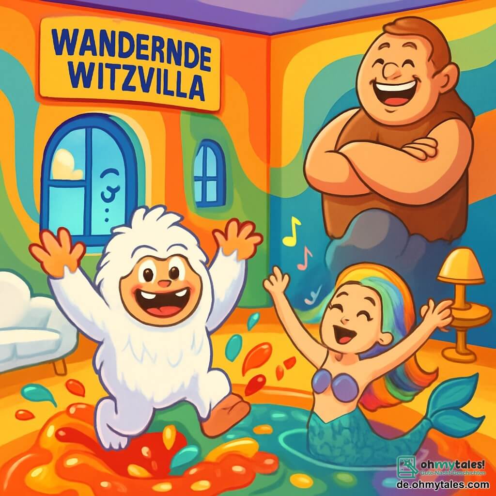 Ein fröhlicher Yeti mit weißem, flauschigem Fell, funkelnden Augen und einem breiten Lächeln springt in ein riesiges Becken mit buntem Wackelpudding und spritzt dabei farbige Geleeflecken um sich. Neben ihm schwimmt eine Meerjungfrau mit schimmernden Schuppen und Regenbogenhaaren, die fröhlich singt und ihre Arme in die Luft hebt. Im Hintergrund steht ein großer Grummelriese mit einem lächelnden Gesicht und runden Augen auf einem Felsen, lacht herzhaft und hat die Arme über der Brust verschränkt. Der Ort ist ein weiträumiger, heller Salon der "Wandernden Witzvilla" mit bunten, tanzenden Wänden, zwinkernden Fenstern und wolkenförmigen Möbeln. Die Hauptsituation zeigt den Yeti und die Meerjungfrau, die zusammen Spaß haben und den Pudding spritzen, während der nun fröhliche Grummelriese mitlachen und sich ihnen anschließen, was eine festliche und glückliche Atmosphäre schafft.
