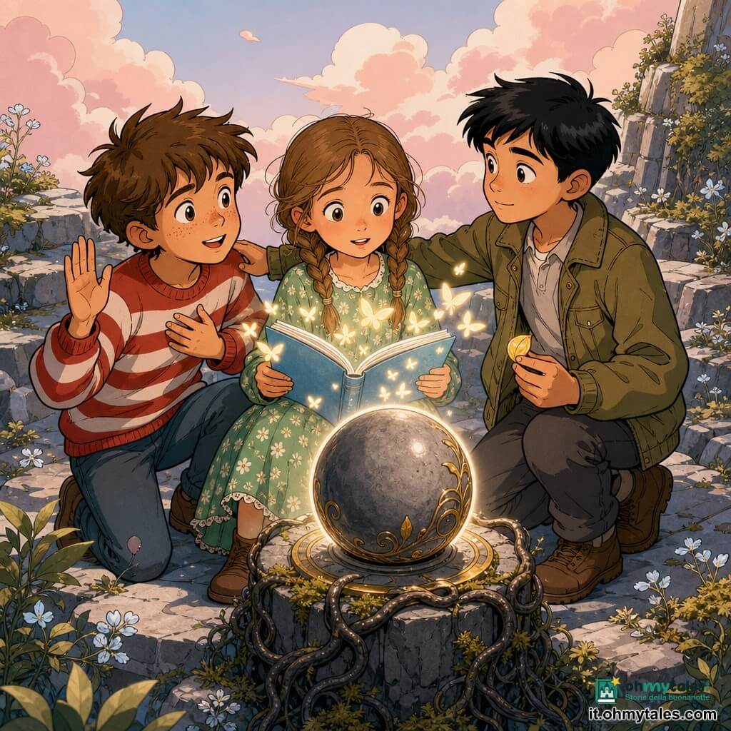 Ci sono tre bambini: Livia, circa 8 anni, capelli castano chiaro a trecce, vestitino verde a fiori, tiene un libro azzurro aperto al centro; Tommaso, circa 9 anni, capelli castani spettinati e lentiggini, maglione a righe rosse e bianche, a sinistra in ginocchio con espressione di sollievo e mano destra alzata; Nico, circa 9 anni, capelli neri corti, giacca kaki, a destra con sguardo protettivo, mano sulla spalla di Tommaso e nell’altra un piccolo petalo dorato; sullo sfondo la cima di una montagna chiara con pietre grigie a gradini, nuvole rosa, un giardino sospeso di muschi e fiori argentati e radici attorno a una base di pietra levigata; al centro riposa la sfera spenta della "Stella del Mondo" circondata da un pallido alone mentre i bambini aprono il libro da cui parole luminose salgono come farfalle verso la sfera, atmosfera calda, colori pastello con tocchi dorati sullo sfondo.