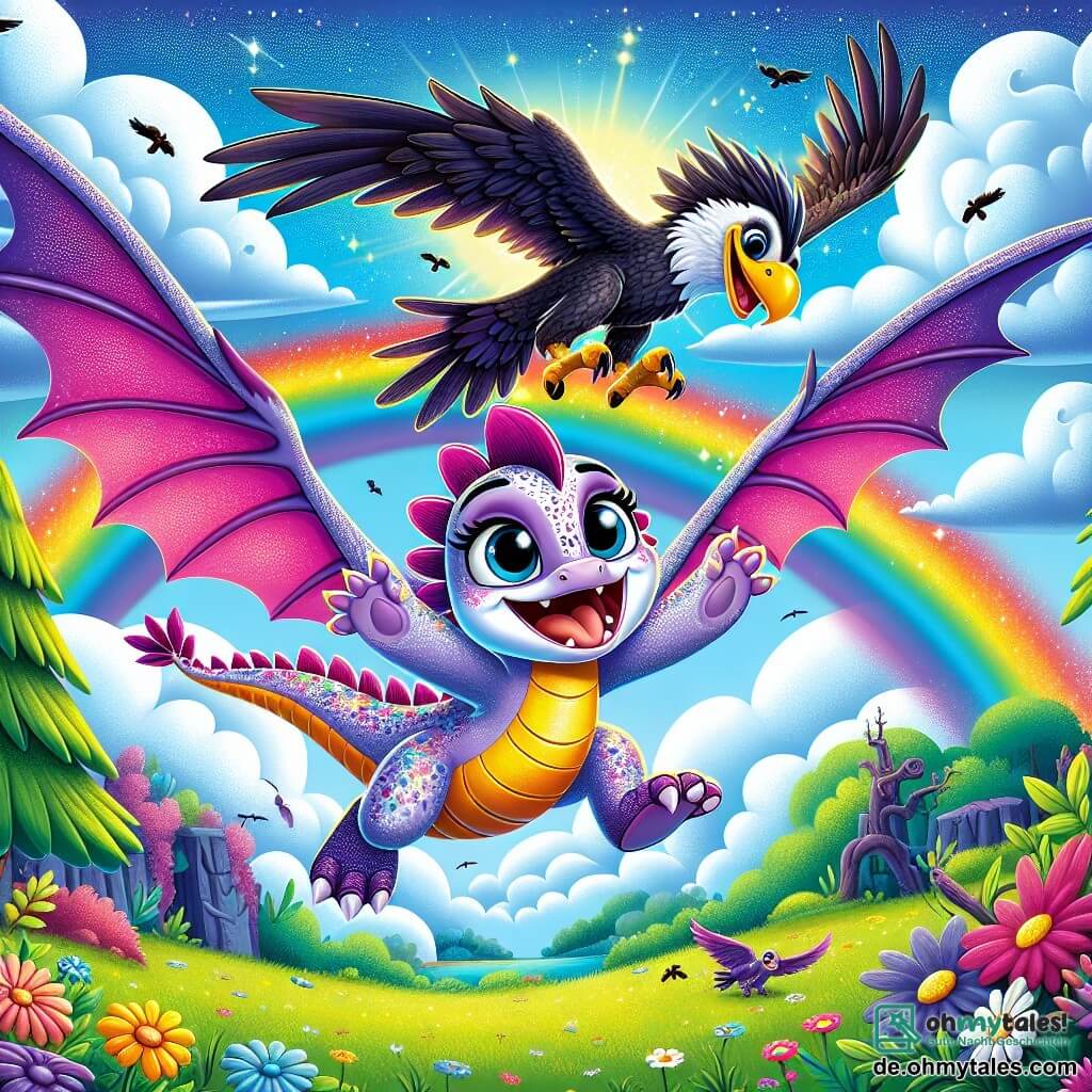 Ein kleiner, bunter Drache namens Lila, mit glänzenden lila- und rosafarbenen Schuppen, fliegt fröhlich am Himmel, ihre großen Augen funkeln vor Neugier und Aufregung. Sie entfaltet ihre majestätischen Flügel, umgeben von flauschigen, weißen Wolken, während ein strahlendes Lächeln ihr Gesicht erhellt. In der Nähe schwebt ein großer Vogel mit dunklen, bedrohlichen Federn und hungrigem Blick in der Luft, seine Flügel ausgebreitet, bereit zu jagen. Er sieht entschlossen und etwas furchterregend aus, im Kontrast zu Lilas Freude. Die Szenerie zeigt einen wunderschönen blauen Himmel mit Wolken und einem lebhaften Regenbogen, der sich darunter erstreckt und die grüne Landschaft eines verzauberten Waldes erleuchtet. Bunte Blumen und majestätische Bäume stehen am Boden und schaffen eine magische Atmosphäre. Die Hauptsituation zeigt Lila, die vor dem großen Vogel flieht, während sie mit Geschicklichkeit und Freude über die Landschaft fliegt, während die Gefahr direkt hinter ihr schwebt.
