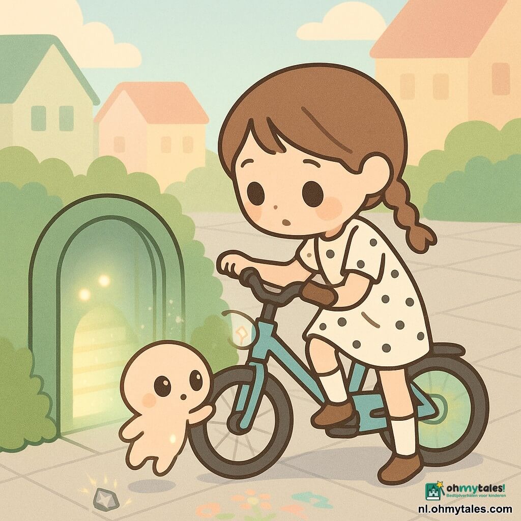 Mila, een 8-jarig meisje met bruine twee staartjes en een eenvoudige stippenjurk, kijkt verwonderd met glanzende ogen en een zacht glimlachje terwijl ze een klein glinstersticker op het stuur van haar blauwe fiets aanraakt; ze staat met één voet op de pedaal en buigt naar een lichtgroene, ronde deur die in een scheur tussen groene struiken opengaat en een trap van zachte lichttinten onthult; een pluizig, perzikkleurig buitenaards wezentje, Mika, met grote zwarte ogen en lichtgevende vlekjes zweeft net boven de grond en strekt een minuscuul pootje naar haar uit terwijl een klein fonkelend metaalstuk op de tegels trilt; zonovergoten stadspleintje, pastelhuizen op de achtergrond, magische, veilige en vrolijke sfeer, eenvoudige lijnen, ronde vormen en zachte pastelkleuren met glansaccenten.