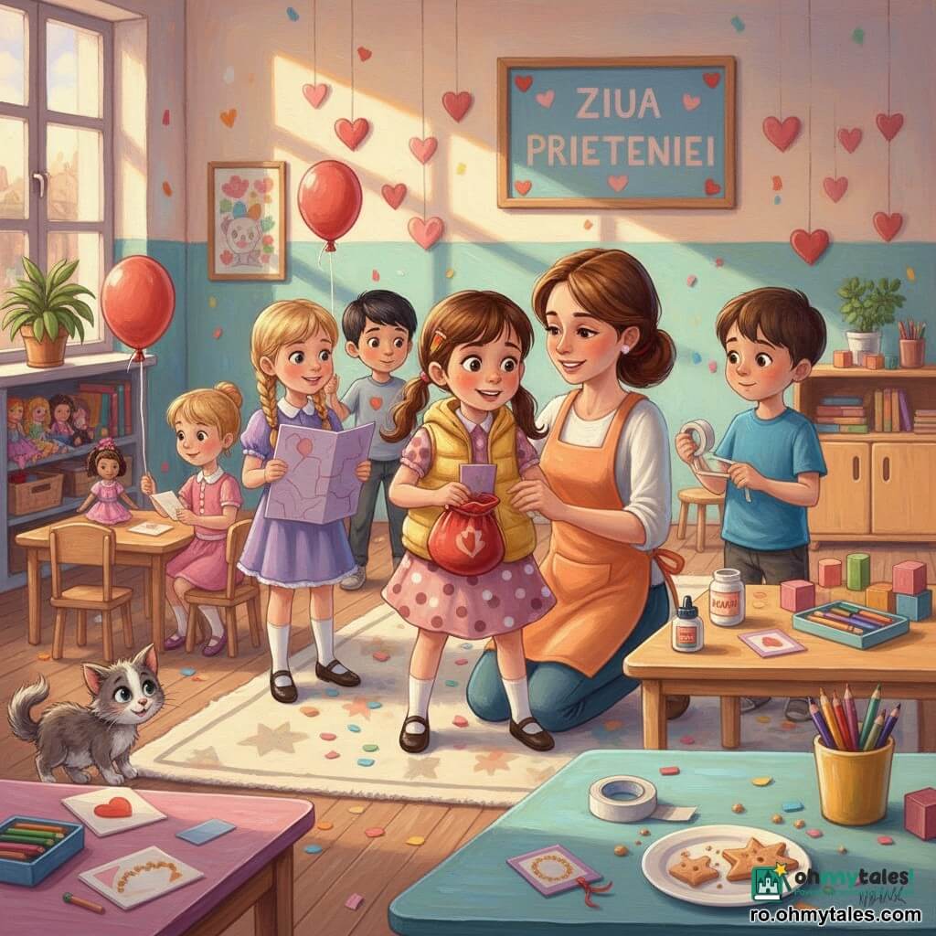 Mara, fetiță de 6 ani, entuziasmată și puțin neliniștită, păr șaten prins în două cozi, veste galbenă și rochiță cu buline, ține un saculeț roșu deschis și un carton mov, stând hotărâtă în centru; Ilinca, ~6 ani, blondă cu codiță, rochie violet, ține o mare carte mov și zâmbește spre Mara, la stânga; Matei, ~6 ani, precaut, păr castaniu scurt, tricou albastru, ține o rolă de bandă adezivă și privește lipiciul, la dreapta; Tudor, ~6 ani, timid, păr negru, ține un balon roșu legat de un scaun, stă puțin în spate tremurând; Daria, ~5–6 ani, rezervată, rochiță roz, primește o inimioară zâmbind timid lângă masa cu păpuși; doamna Sanda, 30–40 ani, blândă, păr prins, șorț portocaliu, este genuflexă lângă Mara mângâind-o; Pis-Pis, pisicuță gri cu pete albe, stă sub un raft cu ochi mari, lângă o farfurie cu firimituri și un biscuiți stea pe jumătate mâncat; loc: clasă de grădiniță colorată cu inimioare decupate, afiș "Ziua prieteniei", mese mici pastel, covor în stele, cutii cu creioane și o plantă; situație: Mara descoperă că Pis-Pis a mâncat biscuiții-stea și copiii se adună să împartă cadourile, confetti pe podea, expresii calde, lumină caldă de după-amiază; stil: nuanțe calde și pastel, tușe vizibile de pensulă, textură acrilic groasă, contrast moale, compoziție centrată, atmosferă tandră și optimistă, detalii grafice: bandă adezivă, cartonașe cu coroane, panglică la balon, sac roșu ușor deschis.