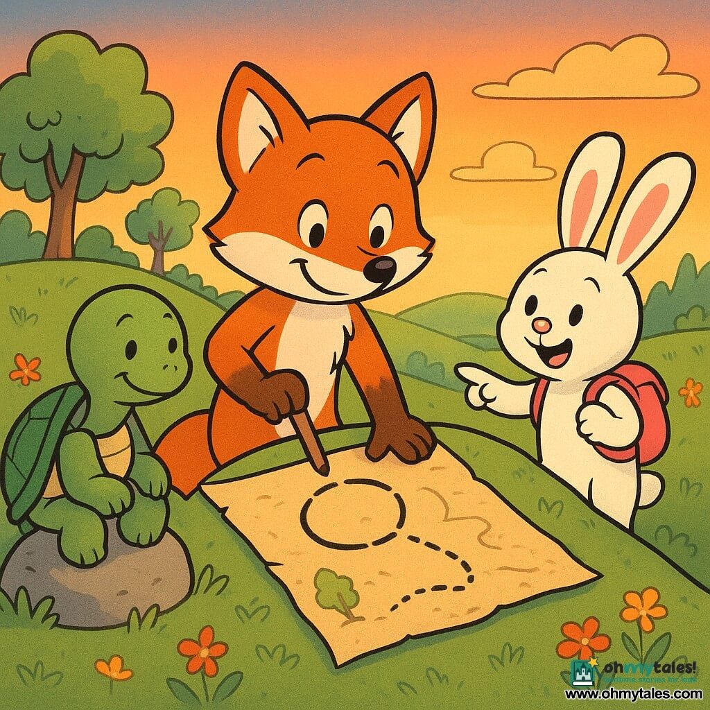A small red fox (main character) with glossy fur and a bushy tail, round face and sparkling eyes, smiling proudly on top of a grassy hill, tracing a loop on an old parchment map with its paw; a wise, round turtle (secondary) with a green shell decorated with simple patterns, calm and kind, sitting on a stone to the fox's left, looking at the map and smiling gently; a chubby white rabbit (secondary) with long pink ears, playful and enthusiastic, just behind the fox, holding a small backpack and pointing to a path below; location: a low hill with soft grass and colorful flowers, stylized trees in the background, a view of a forest below and a sunset sky of orange and pink gradients; main situation: the three friends celebrate the end of an adventure by circling the route on the map, warm golden evening light, clear joyful composition, bold lines, bright contrasting colors, Franco-Belgian comic style suitable for children.