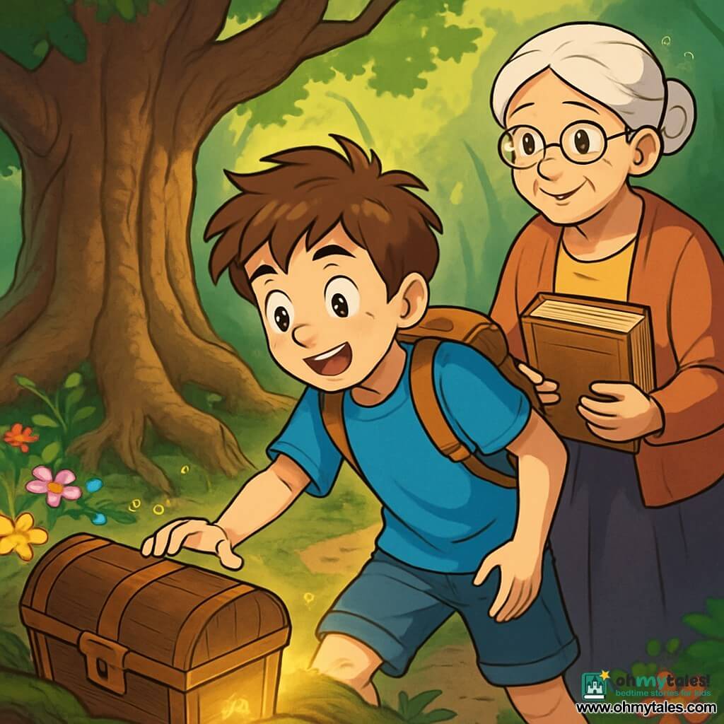 A 12-year-old boy with tousled brown hair and sparkling eyes stands in front of a majestic old oak tree, his face lit up with excitement and wonder. He wears a bright blue t-shirt and denim shorts, with a worn backpack on his shoulders. Next to him, his grandmother, an elderly woman with silver hair and a warm smile, watches him proudly, holding an ancient book in her hands. The setting is an enchanted forest, where sunlight filters through green leaves, creating bright patterns on the moss-covered ground. Colorful flowers line the winding path, and a nearby stream murmurs, adding a touch of magic to the scene. The main situation shows the boy discovering an ancient wooden chest, partially buried under roots, with a golden glow emanating from inside, revealing a hidden treasure. His expression is one of surprise and adventure as he prepares to open the chest, his heart racing with excitement.