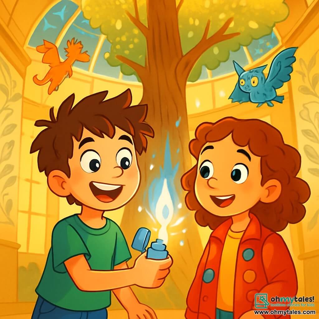 An 8-year-old boy with tousled hair and curious, bright eyes stands in front of a huge tree with shimmering leaves, his face lit up by a delighted smile. He wears a bright green t-shirt and denim shorts, holding a small silver lighter in his hand, ready to spark a magical flame. Beside him, a girl his age with curly hair and a red jacket adorned with colorful patches looks at him with a knowing glance, her eyes sparkling with excitement. The setting is a spacious, brightly lit room filled with golden light, where a gigantic tree rises in the center, its branches stretching towards a glass ceiling dotted with twinkling stars. The walls are decorated with silver leaf patterns, and fantastical creatures fly around the branches, adding a touch of magic to the atmosphere. The main scene shows the boy and girl, awestruck, as they ignite the lighter, producing a blue and silver flame that releases sparks into the air, illuminating the room with their glow.