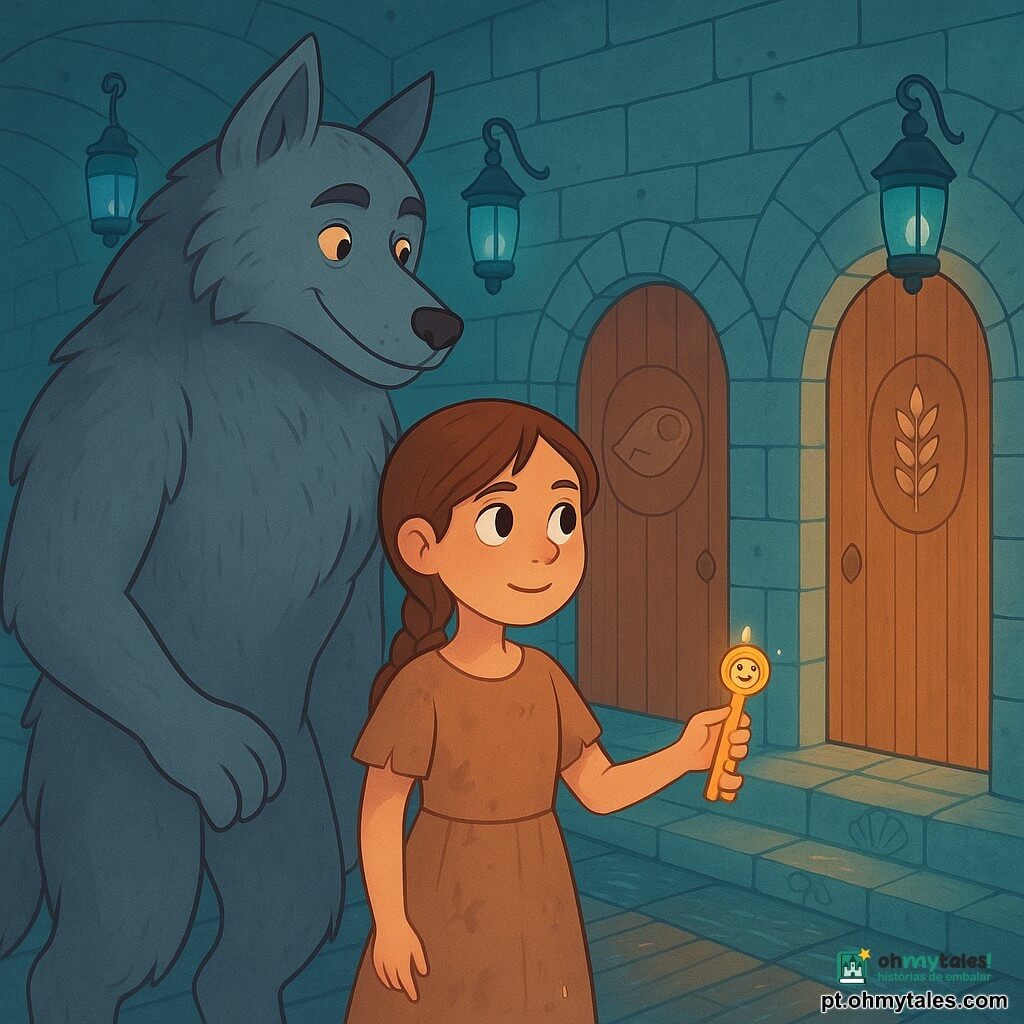 Fausto, um lobisomem alto e peludo, expressivo e doce, olhar sereno de olhos cor de mel, postura protetora, está de pé num corredor de pedra ao lado de três portas, garras recolhidas, pelo cinza acinzentado texturizado e focinho levemente sorridente; Leonor, menina de 10 anos com trança castanha e vestido simples com manchas de palha, rosto determinado e maravilhado, segura uma pequena chave metálica brilhante com um rosto gravado que parece vibrar de entusiasmo e aponta para a porta em forma de espiga à sua direita; corredor subterrâneo de pedra com lanternas de vidro azul penduradas emitindo luz marinha, degraus gravados com motivos de conchas e chão de tábuas por onde correm finos filetes de água cintilante; três portas lado a lado com painéis de peixe, lua prateada e espiga em madeira polida — a porta da espiga está entreaberta e emite um brilho quente; cena de tensão suave e escolha, Leonor hesita mas mostra coragem enquanto Fausto a protege ao fundo, atmosfera mágica, calma e benevolente em tons pastel marinhos e ocres quentes, contrastes definidos e formas infantis.