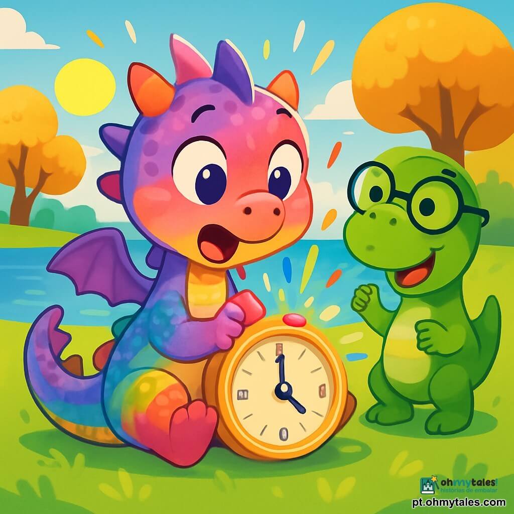 Luluca, um pequeno dragão com escamas brilhantes como um arco-íris, está sentada na grama verde, com os olhos arregalados de surpresa e alegria, segurando um lindo relógio dourado que brilha sob o sol. Ao seu lado, um dinossauro sorridente, com pele verde e óculos redondos, observa Luluca com curiosidade, suas pequenas patas dianteiras levantadas em sinal de encorajamento. Ao fundo, um lago azul cintilante reflete o céu ensolarado, cercado por árvores com folhas douradas que dançam ao vento. Luluca acabou de pressionar o botão vermelho do relógio, e faíscas de luz colorida surgem ao seu redor, criando uma atmosfera mágica e cheia de aventura.